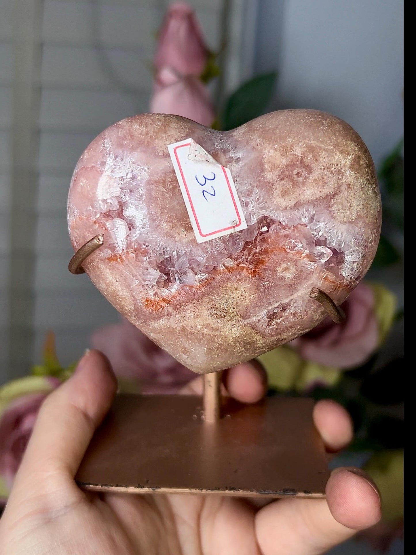 High grade, pink amethyst heart with purple quartz & hematite lining with stand