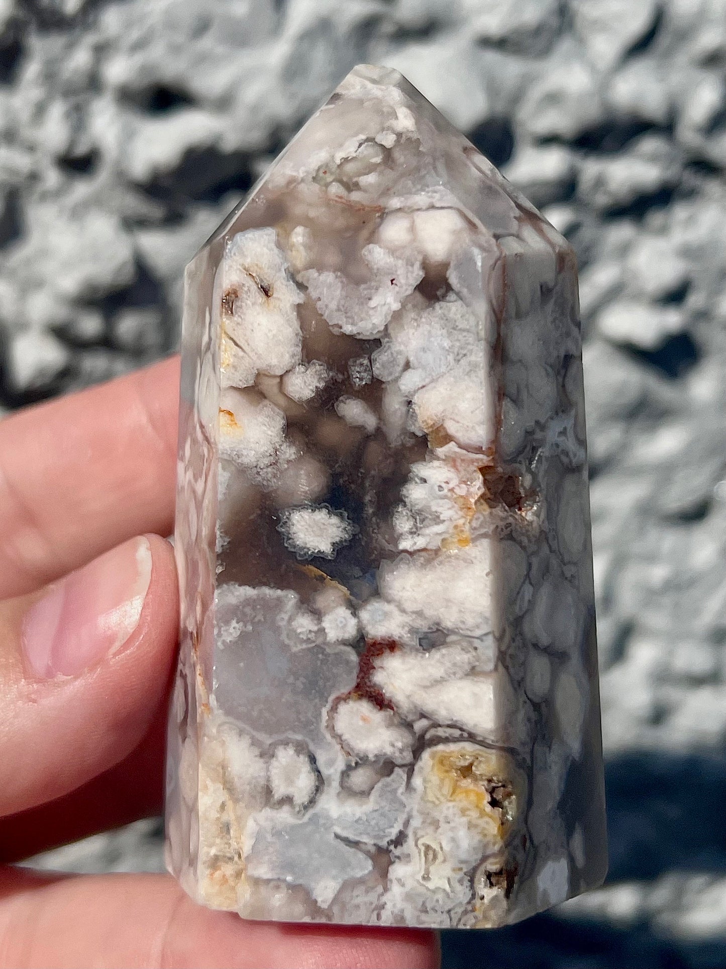 Black & pink flower agate tower - half price due to damaged tip