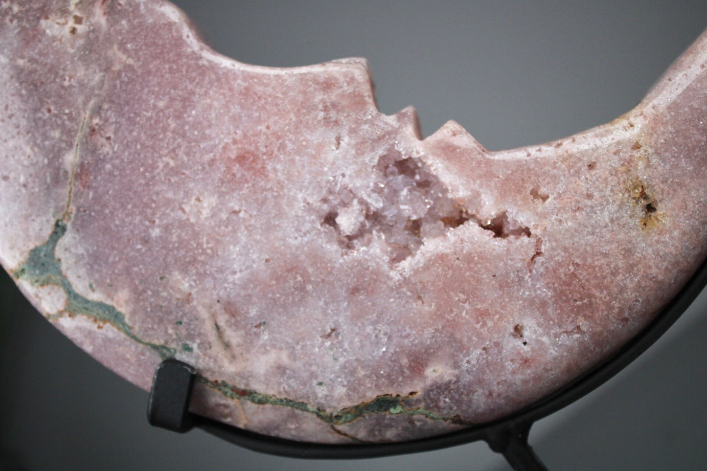 High quality, Pink amethyst, crescent moon with face, on stand from brazil with green jasper vein