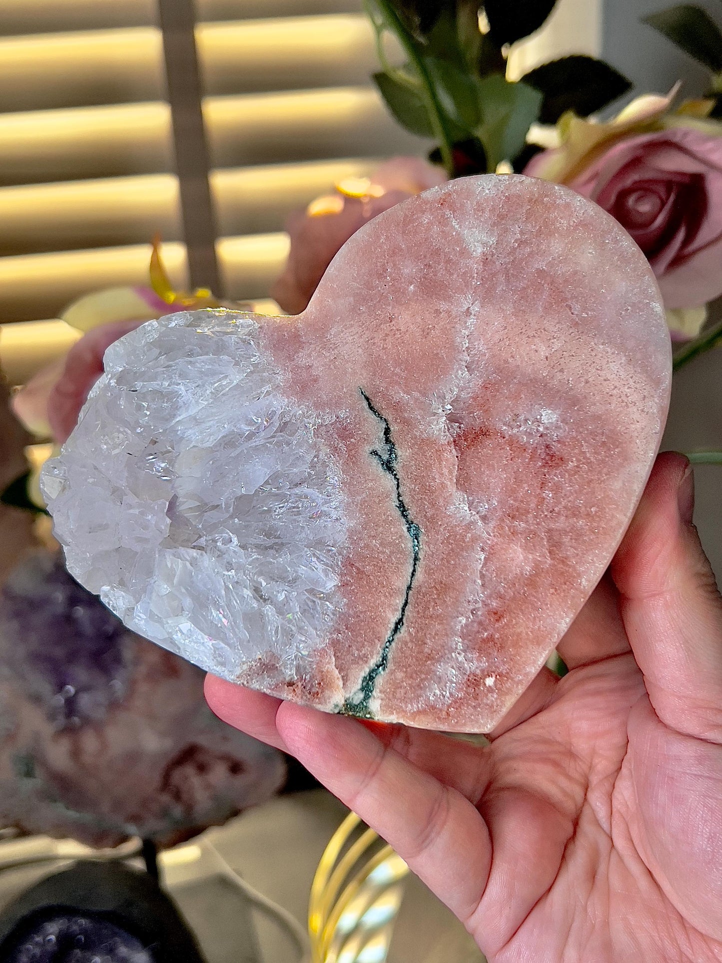 High quality, peach toned, pink amethyst heart with incredible quartz full of rainbows & green jasper vein, on gold stand 766g