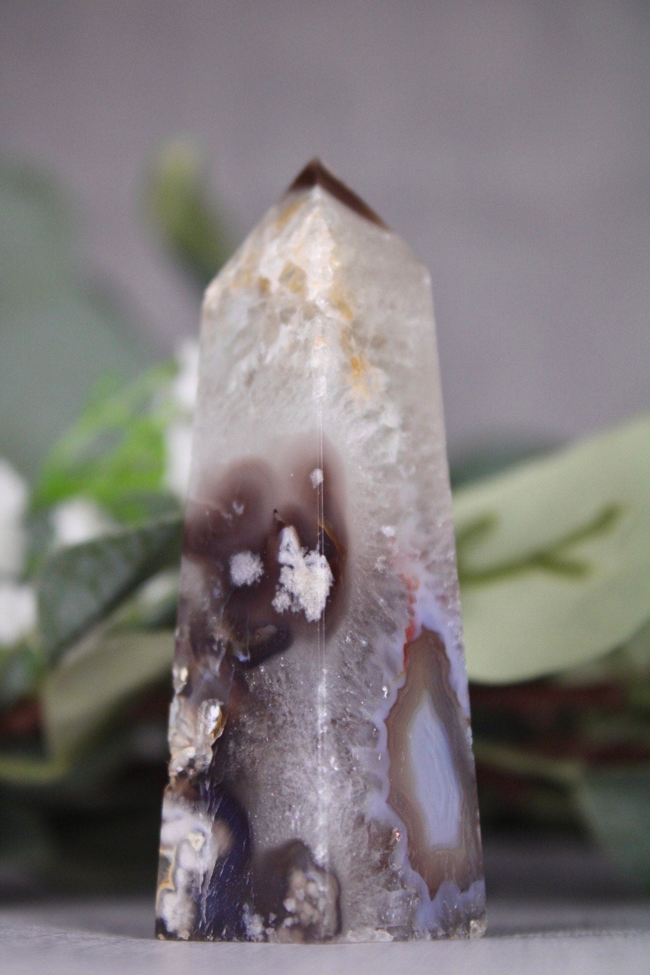Gorgeous green chlorite tower x black flower agate