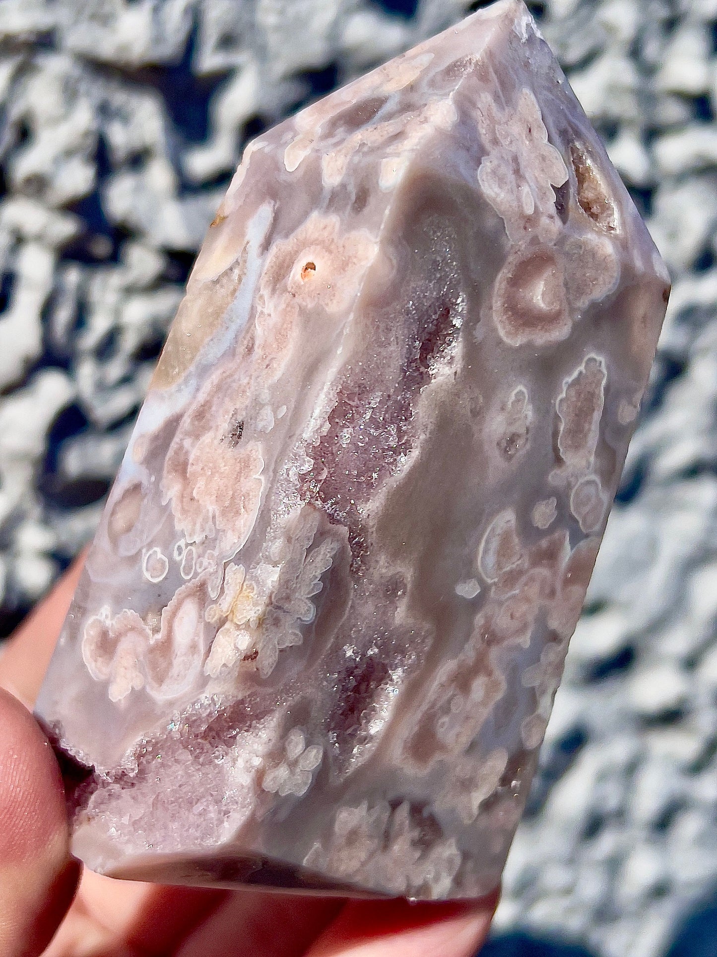 High quality, Baby pink & blue flower agate tower