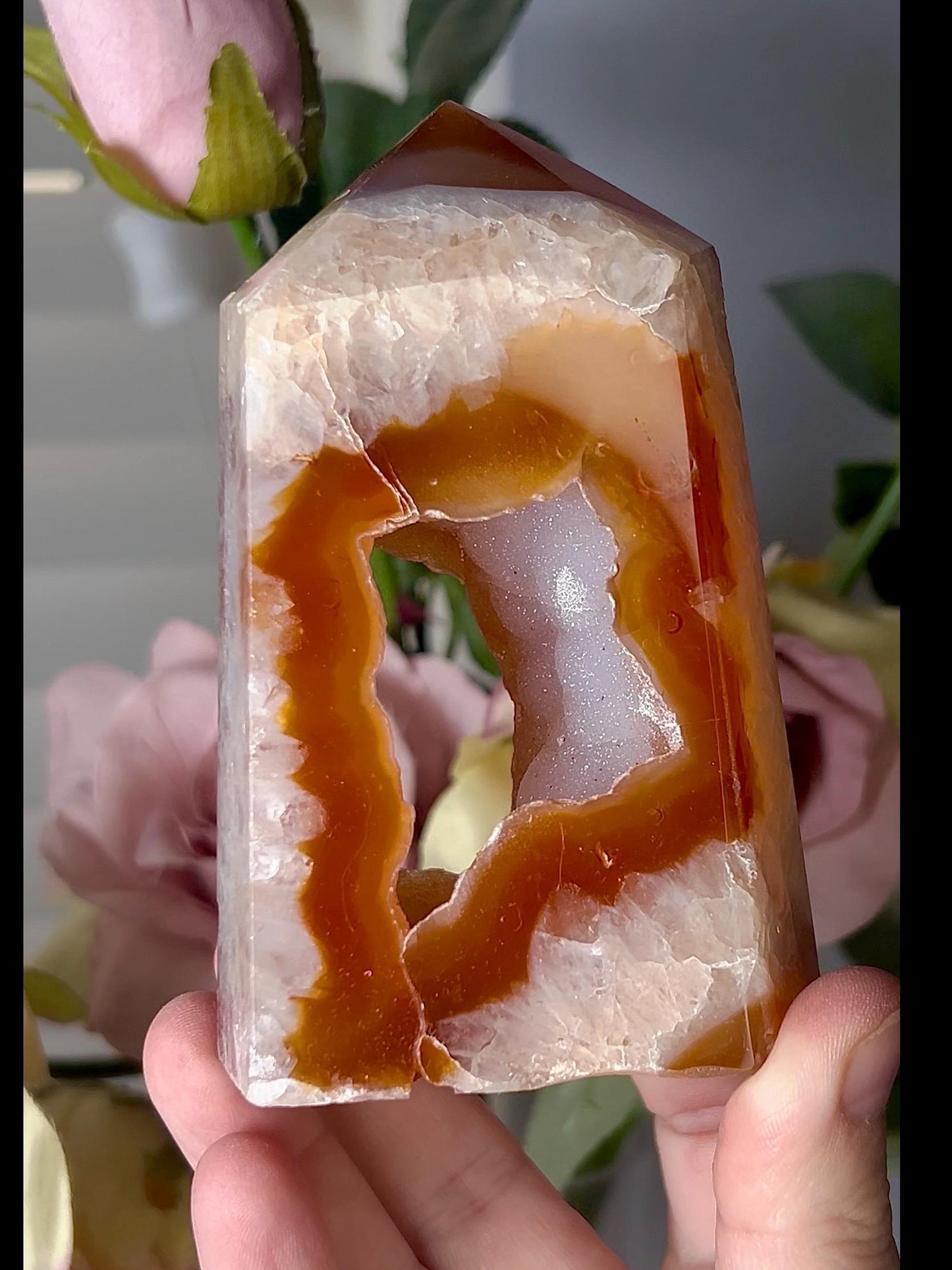 Extra quality, chinky red agate, carnelian tower with quartz & sugar druzy portal, cave