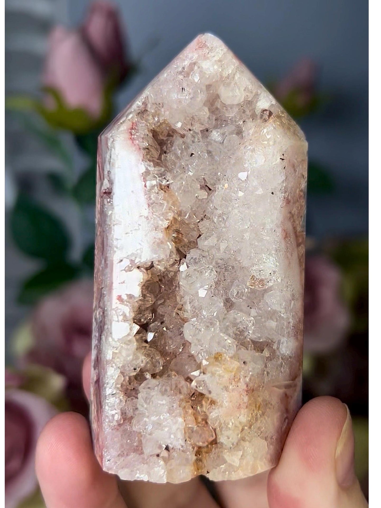 High grade, druzy, pink amethyst tower 179g