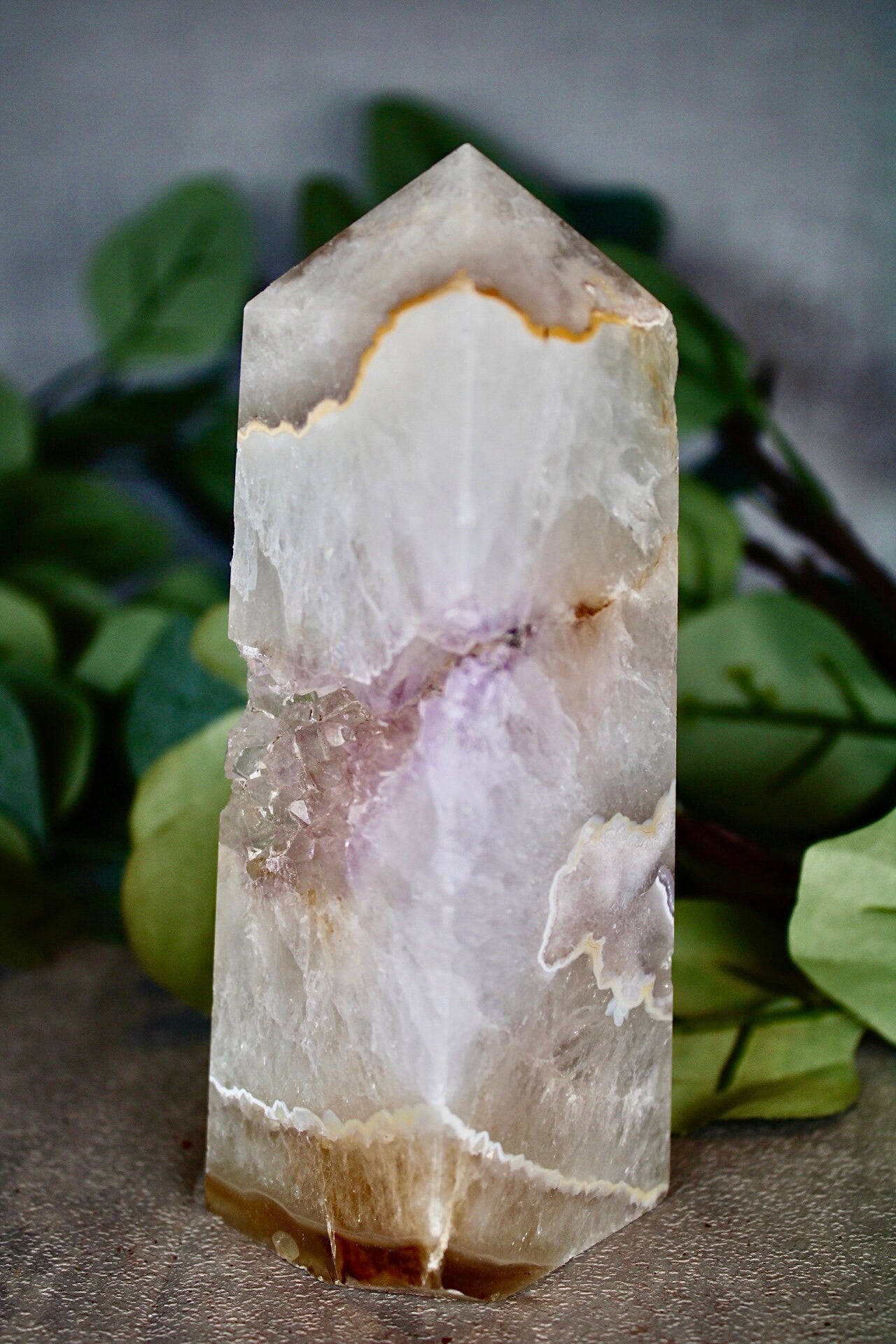 Pink amethyst agate, 4 sided tower with lavender Druze