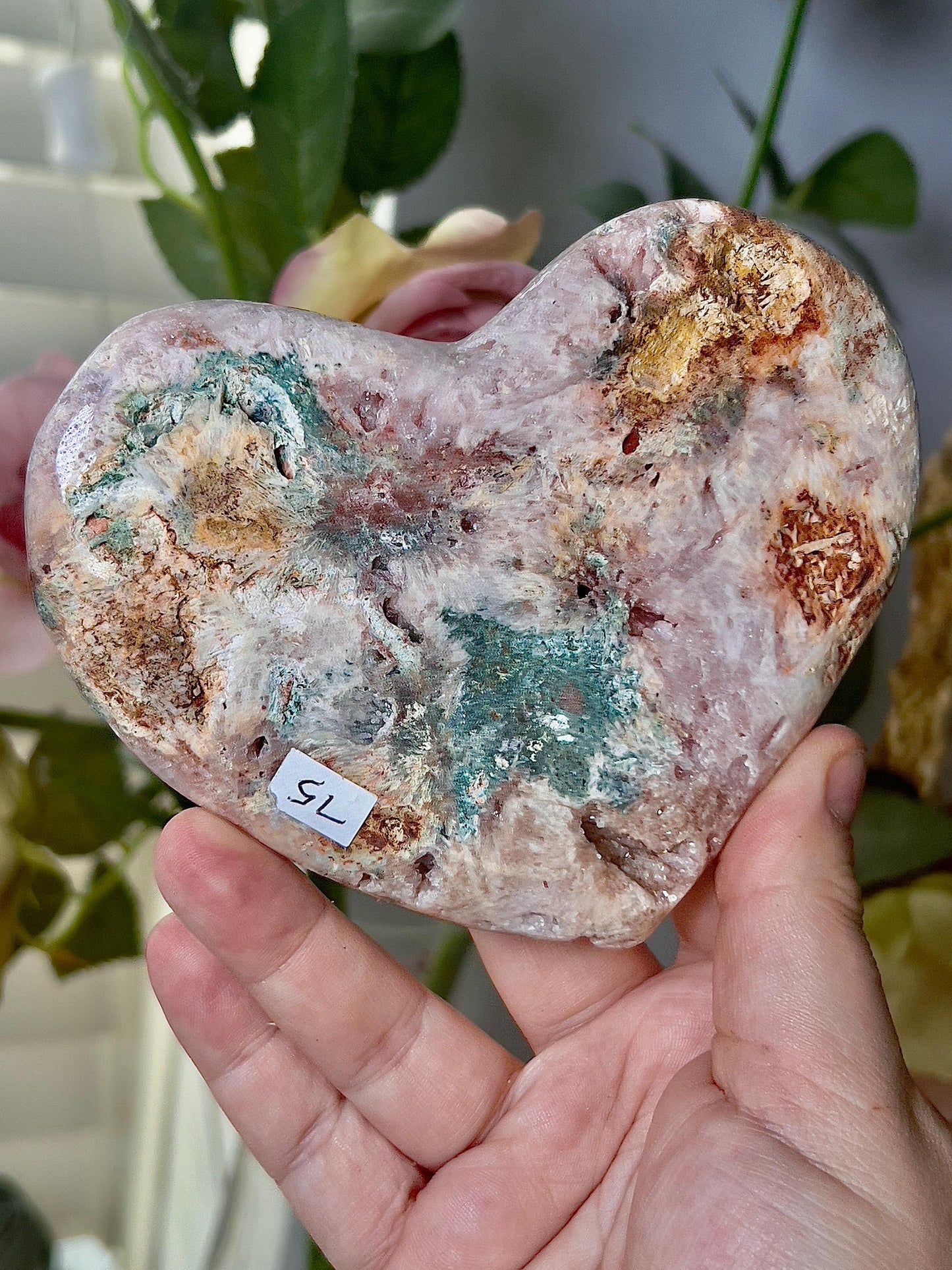 Pink amethyst heart with sugar druzy rutile