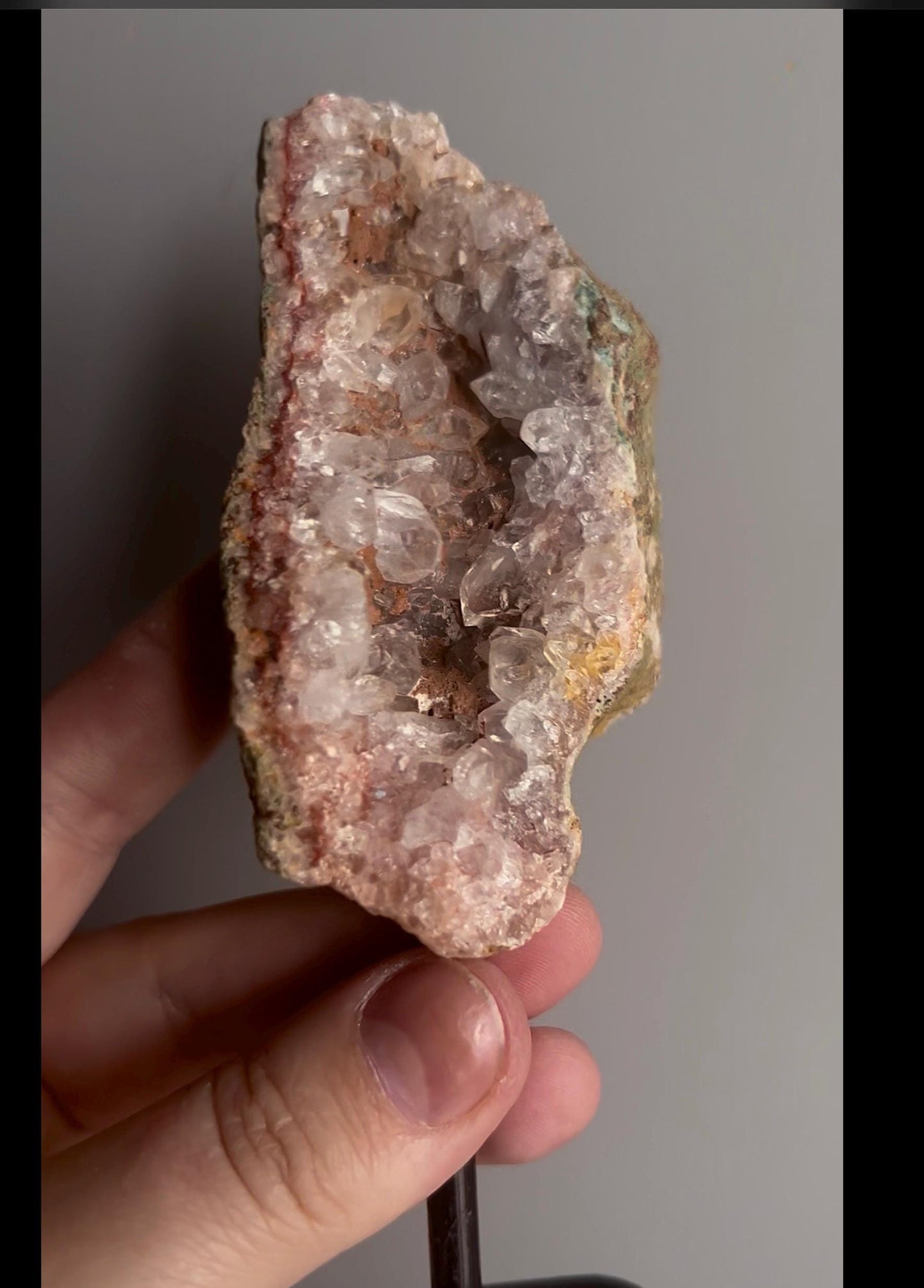 High grade, pink amethyst geode on stand quartz teeth