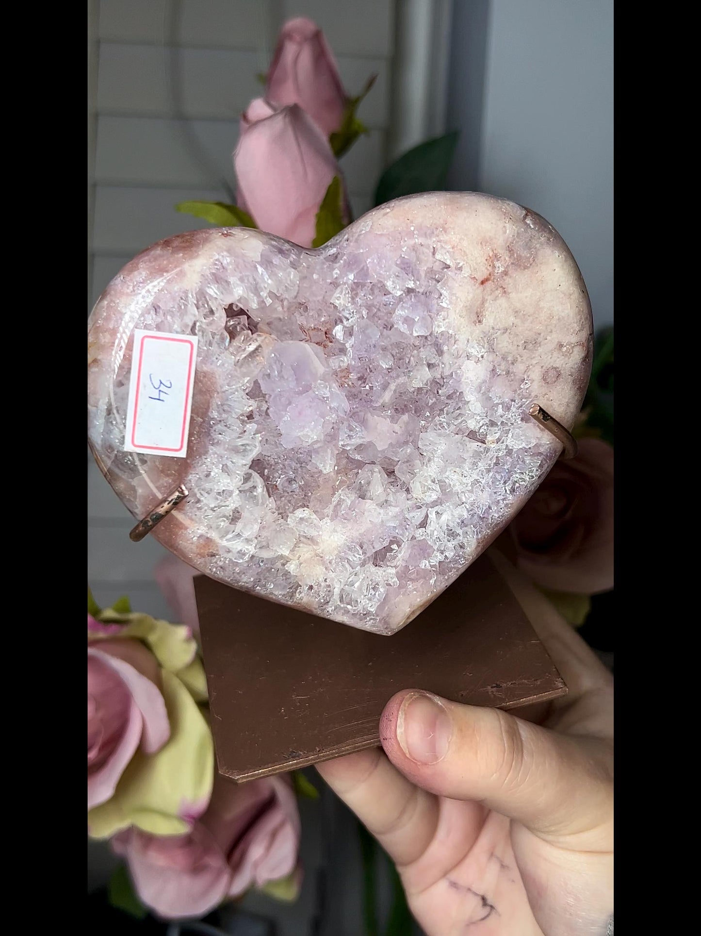 High grade, stunning, pink amethyst heart with lilac quartz on stand