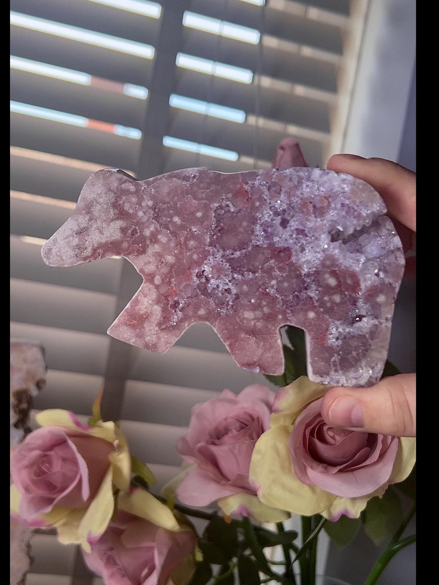 High grade, pink amethyst bear carving with purple quartz druzy