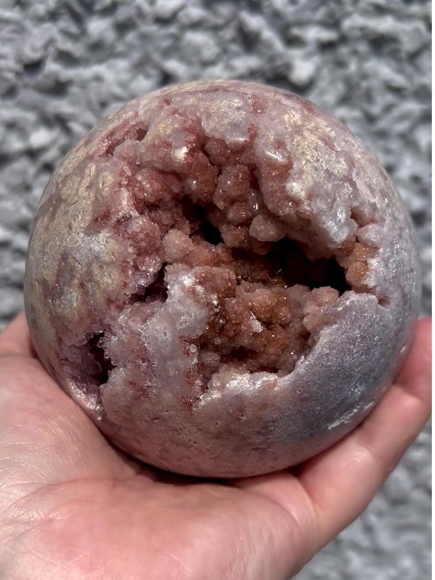 large, statement, pink amethyst sphere with rusty red, bubble sugar druzy 1.205kg