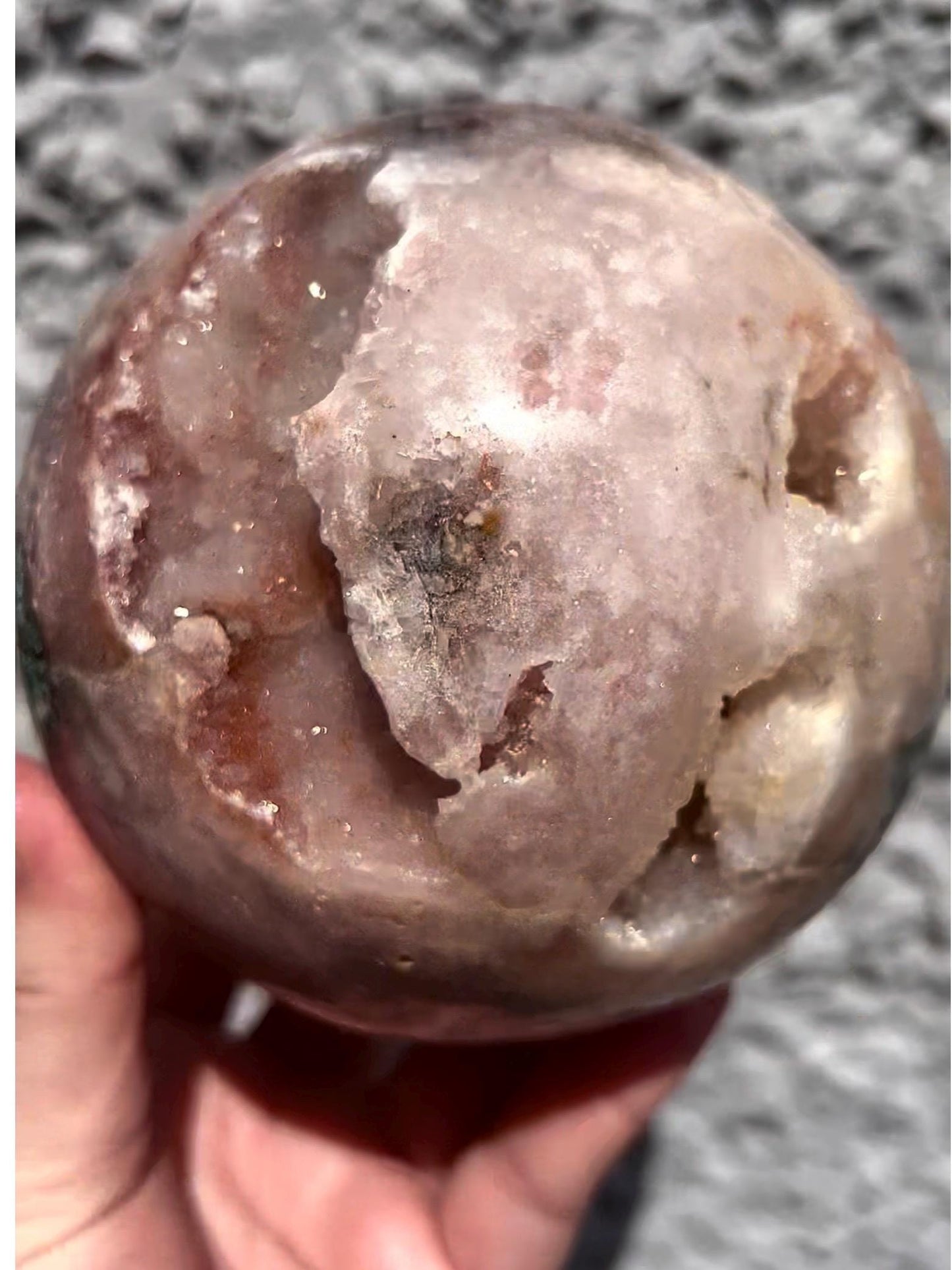 large, statement, pink amethyst sphere, with sugar druzy and jasper 1.626kg