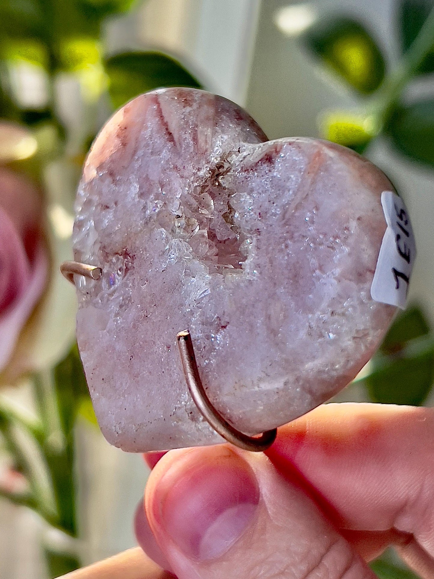 Mini, high grade, pink amethyst haert with rutile markings on custom stand