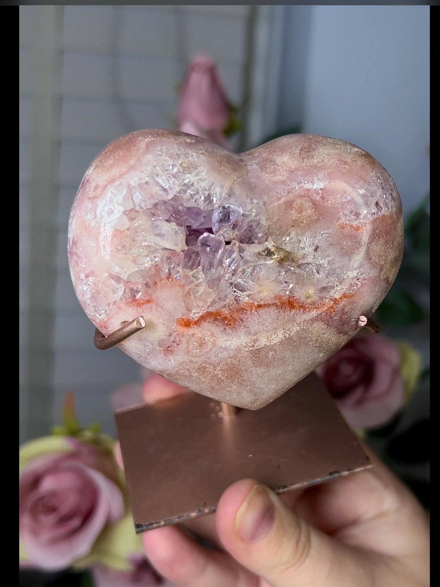High grade, pink amethyst heart with purple quartz & hematite lining with stand
