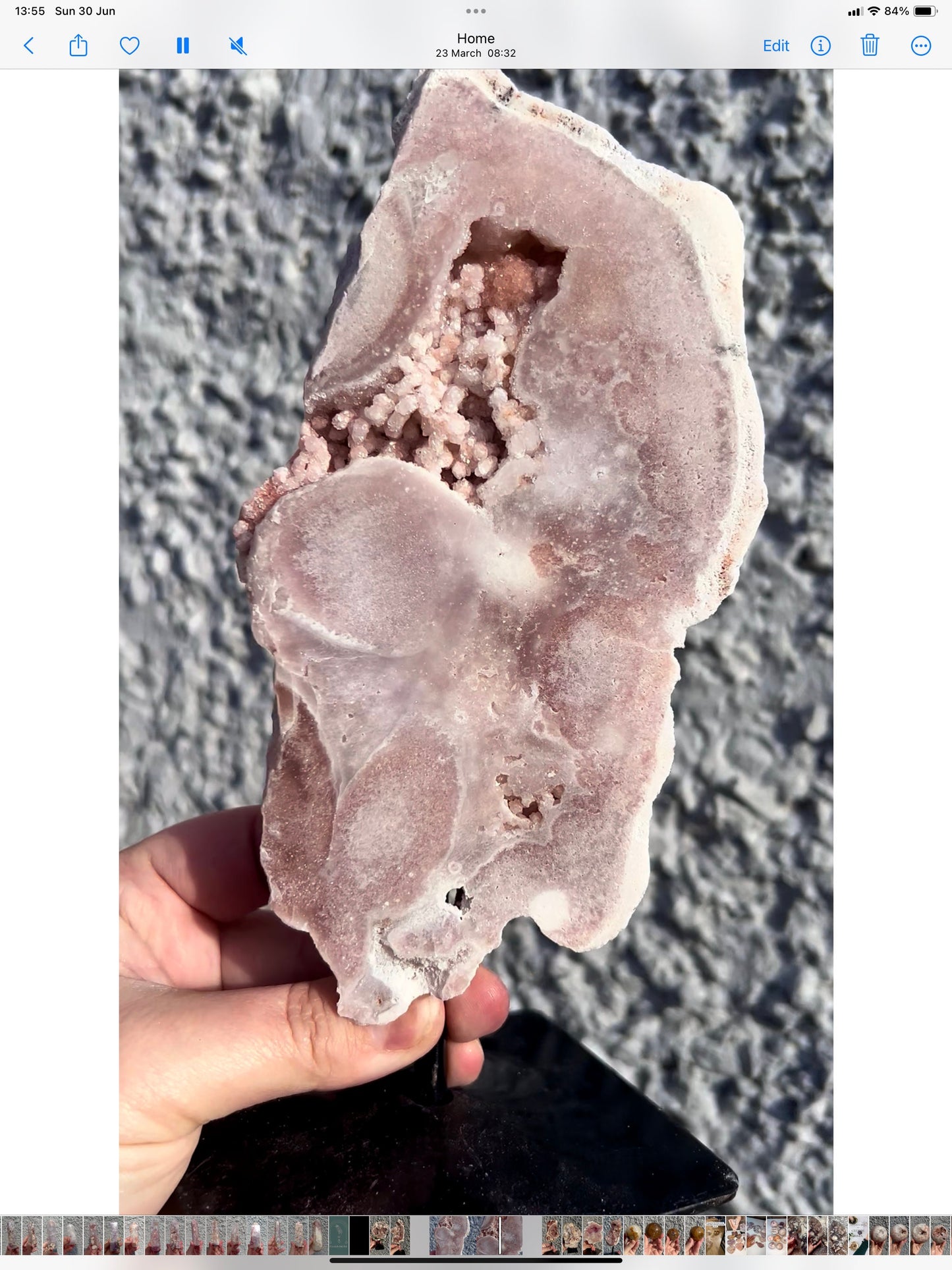 High grade, pink amethyst slab on stand with bubbly druze