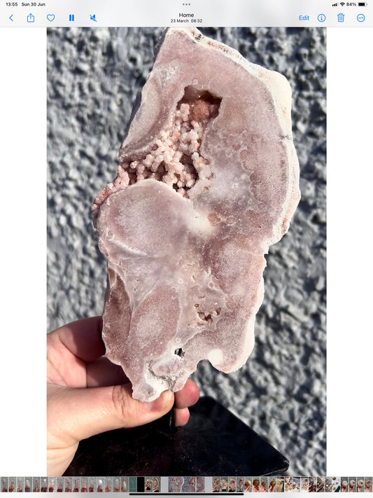 High grade, pink amethyst slab on stand with bubbly druze