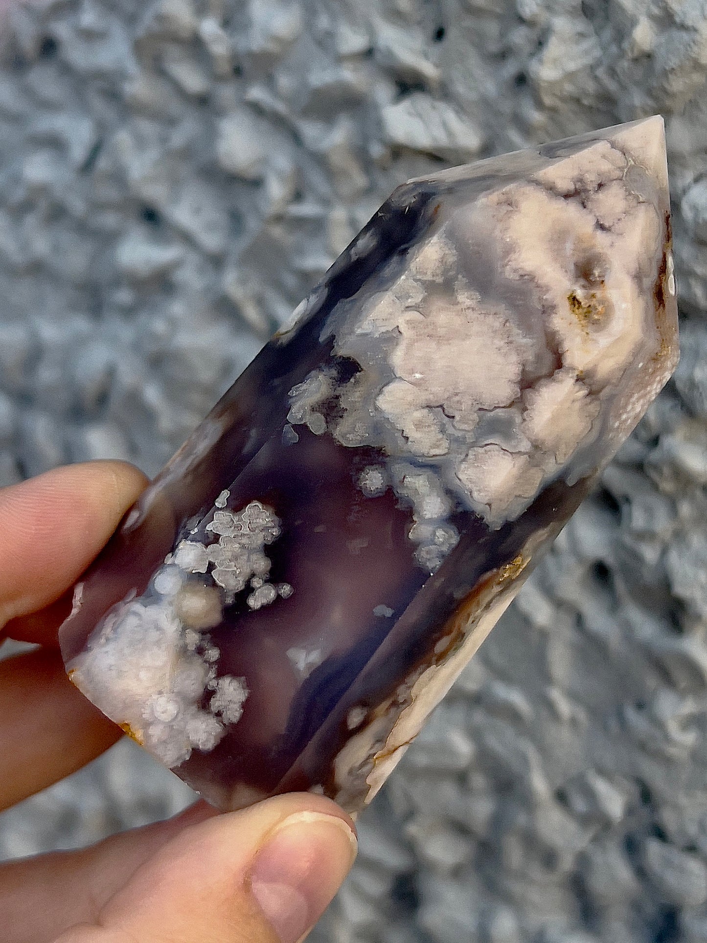 black flower agate tower with pink amethyst