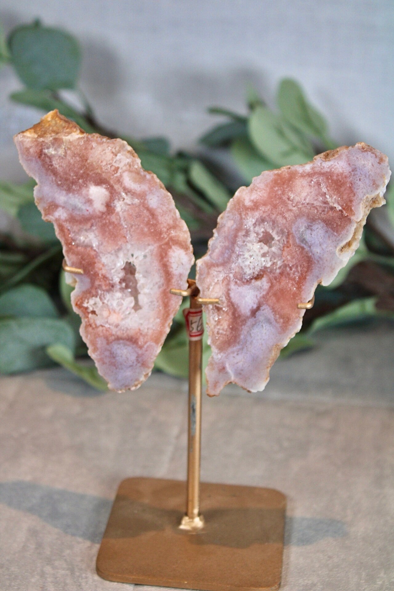 Pink amethyst x flower agate slab butterfly wings on stand