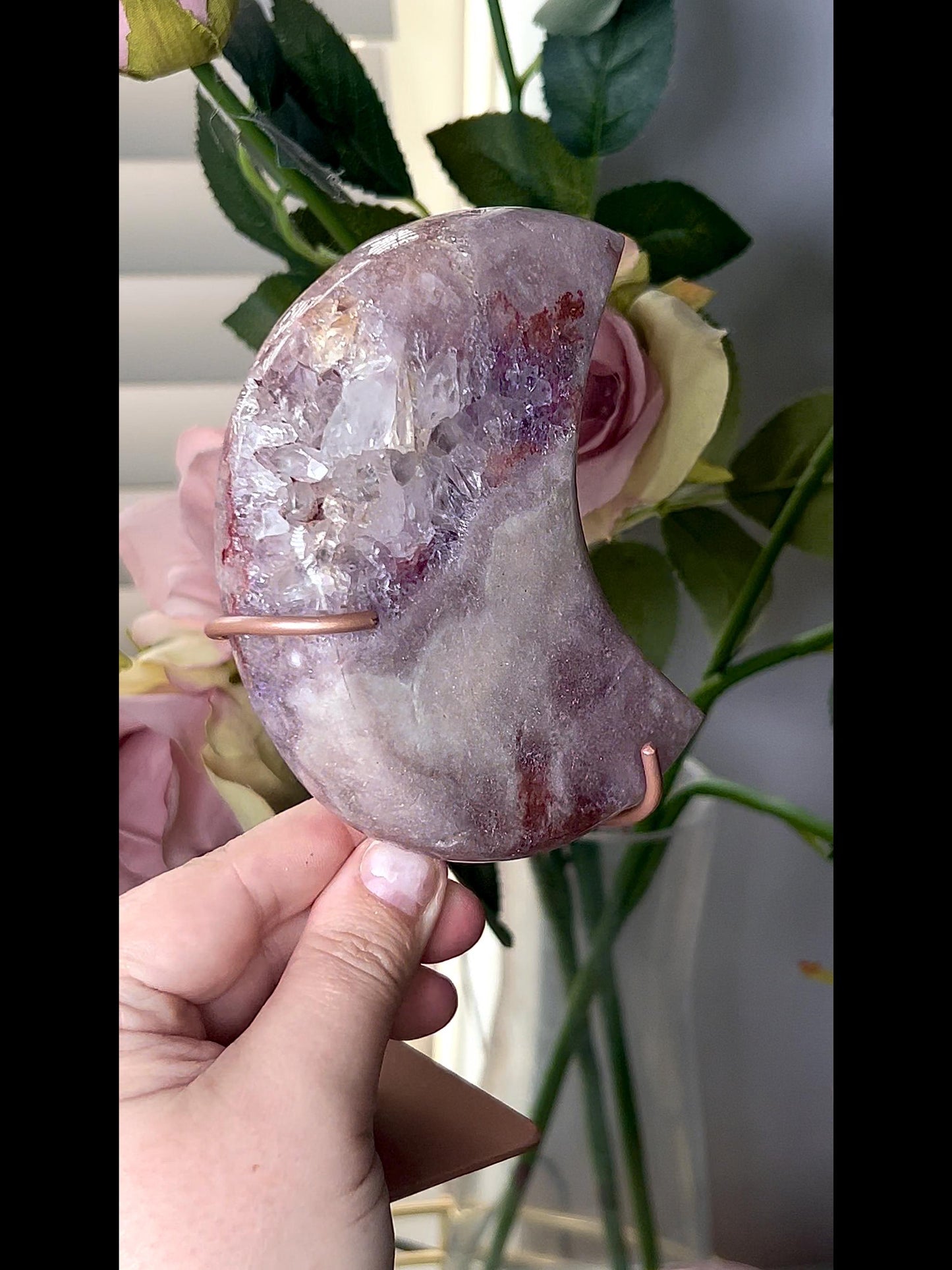 High grade, pink amethyst moon with purple quartz druze 400g