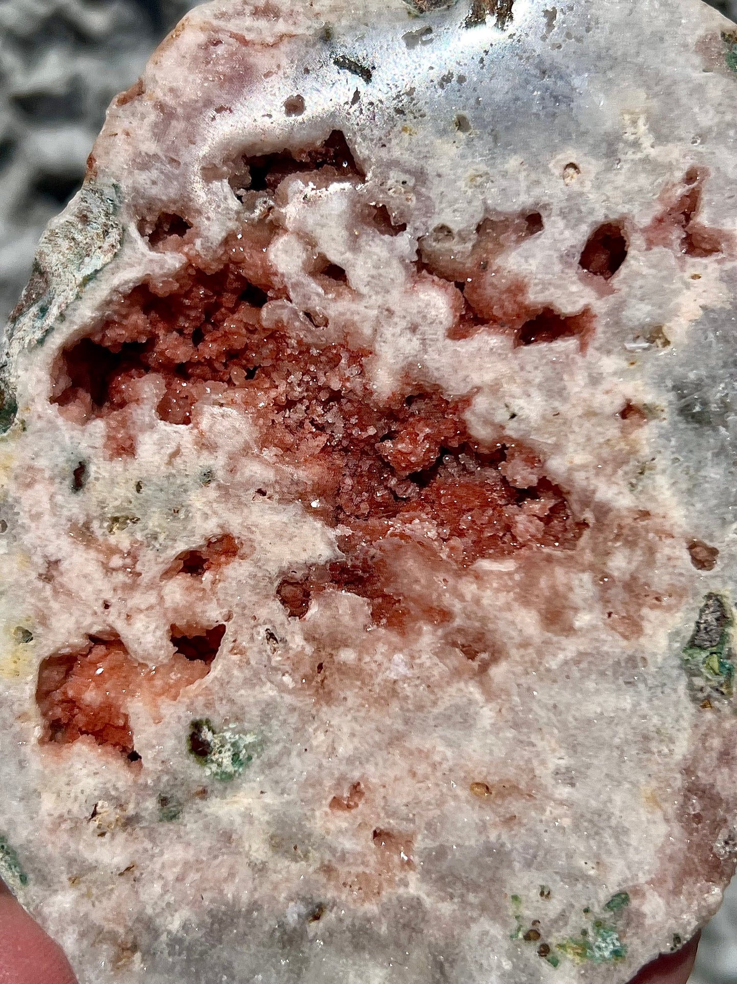 high quality, pink amethyst slab with vibrant red sugar druzy