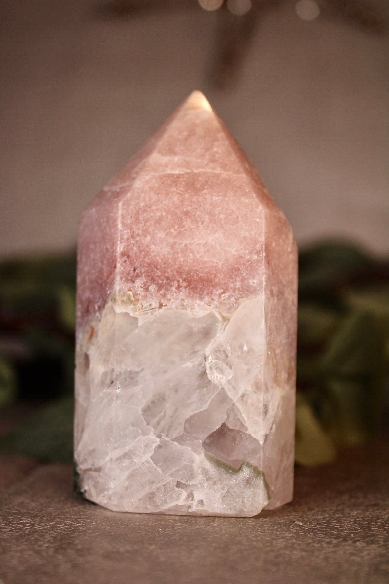 High grade pink amethyst tower with quartz bottom 295g 9.5cm tall