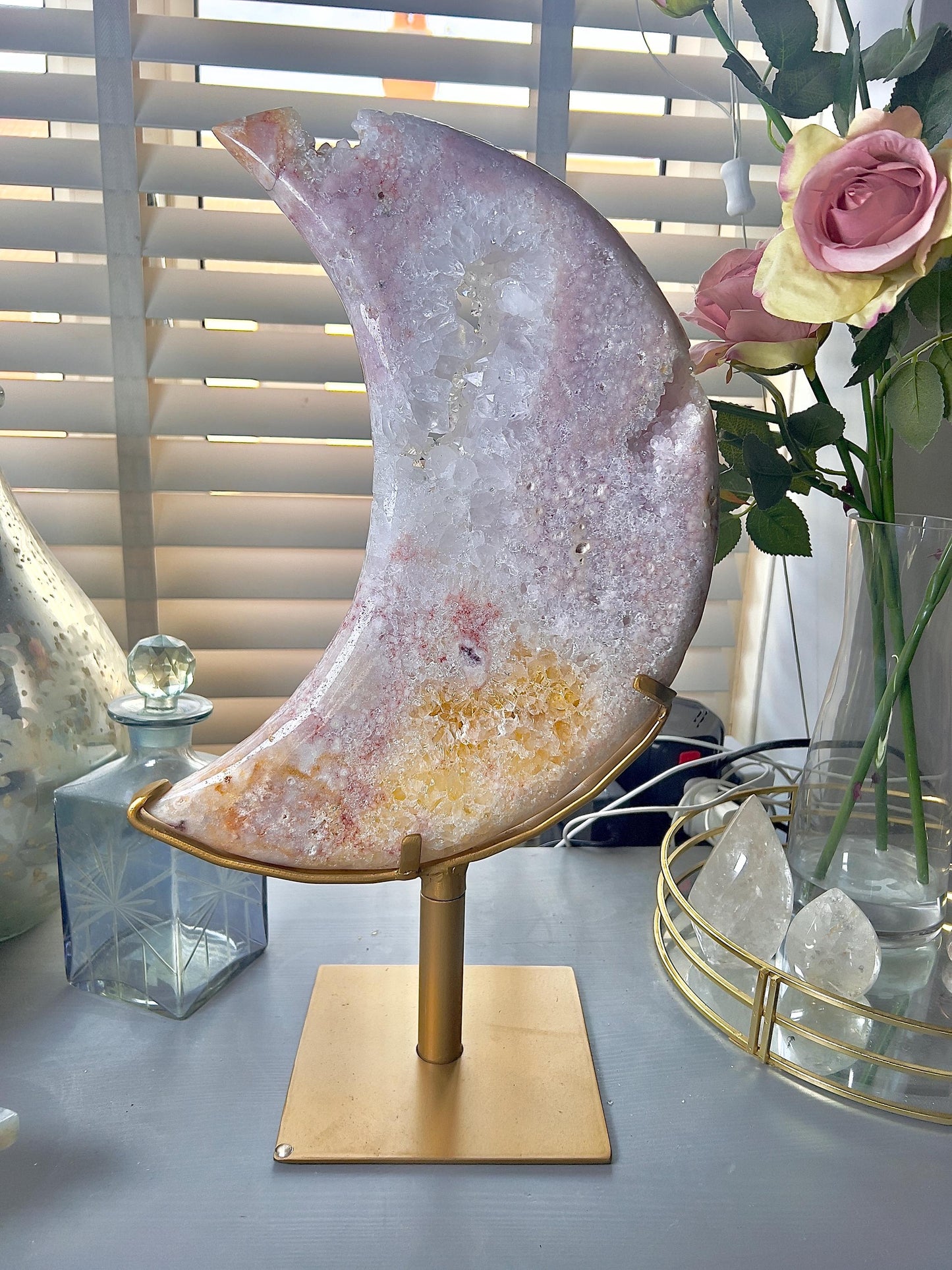 Incredible huge statement, high quality, Pink amethyst, moon with rainbow quartz & citrine inclusion, on spinning stand