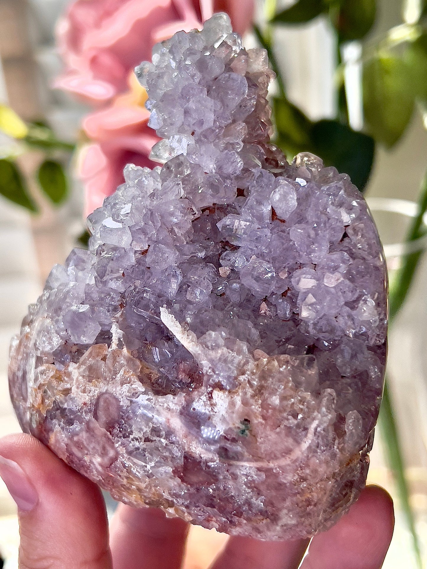 high quality, lilac, high clarity quartz druzy , pink amethyst Freeform with stalactite