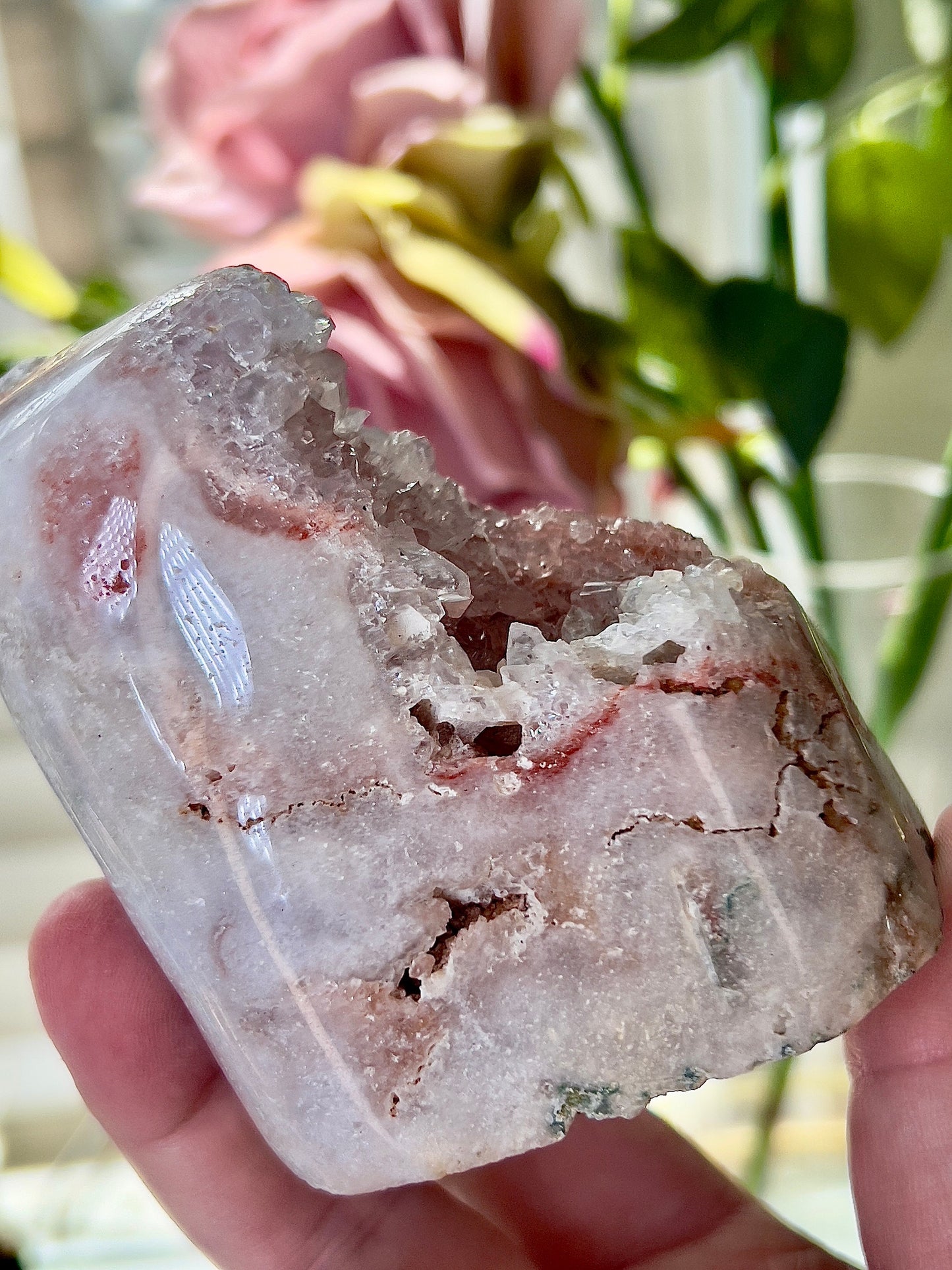 high grade, pink amethyst Freeform with high clarity quartz & red sugar druzy