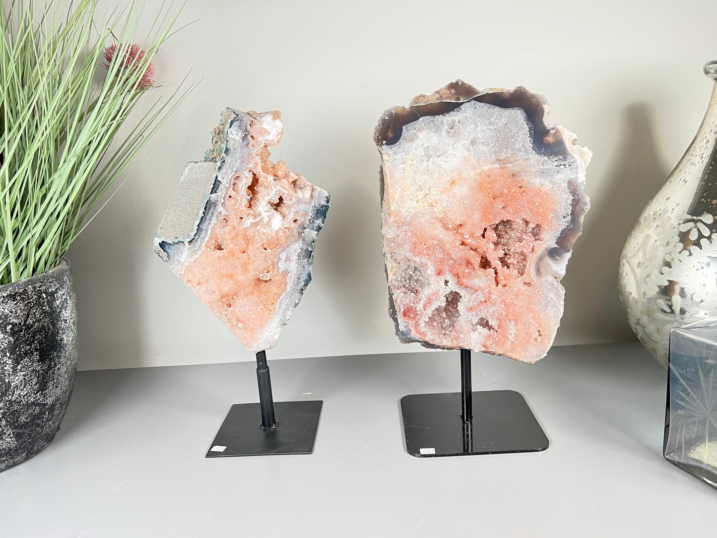 Peach, pink amethyst slab on stand  with smoky, clear and red crystallisation