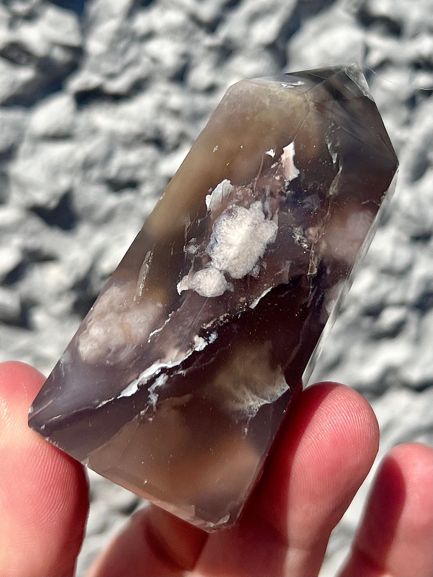 black flower agate tower with druzy cave