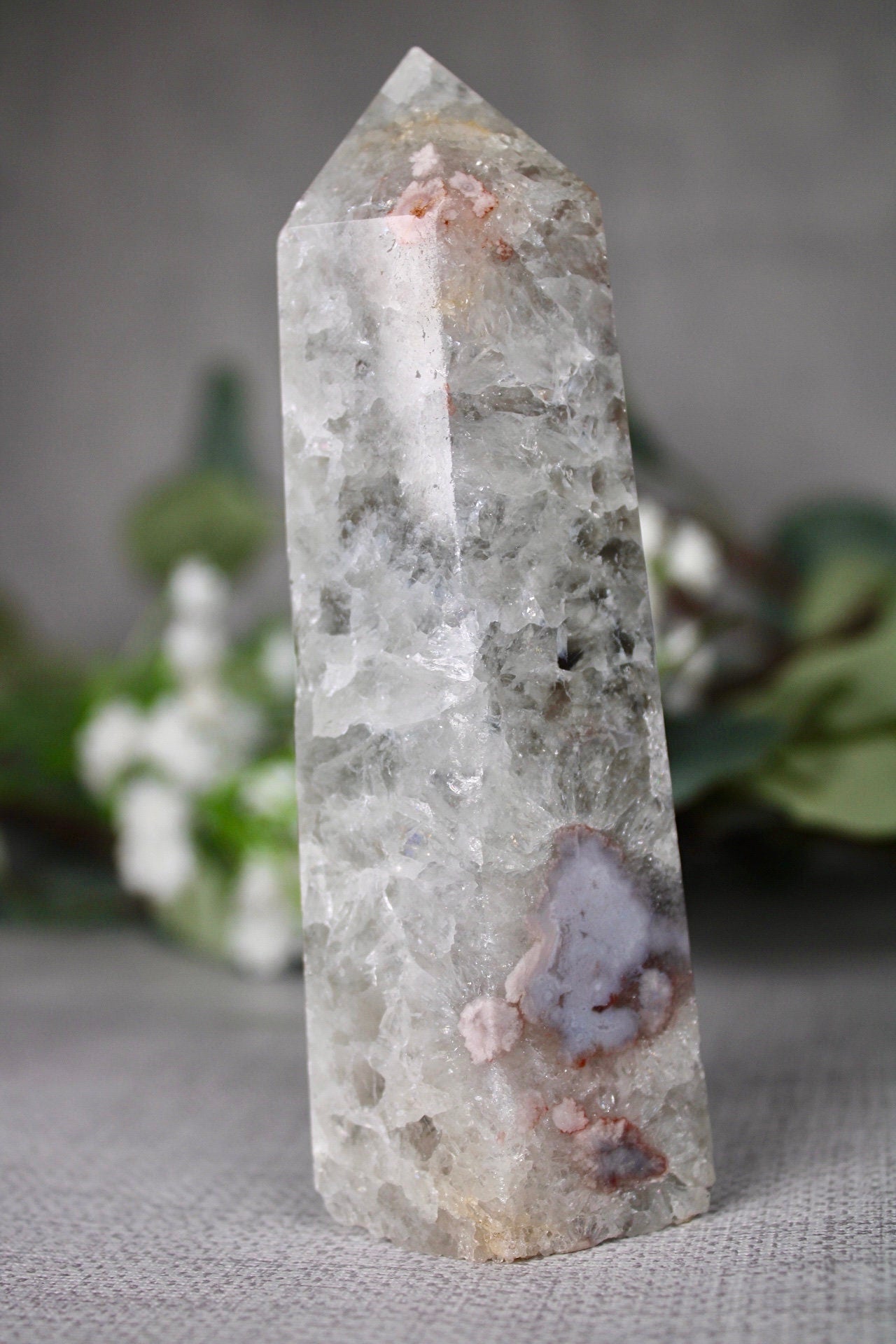 Green, Chlorite quartz, flower agate tower 325g 12cm (H) 4.5cm (W)