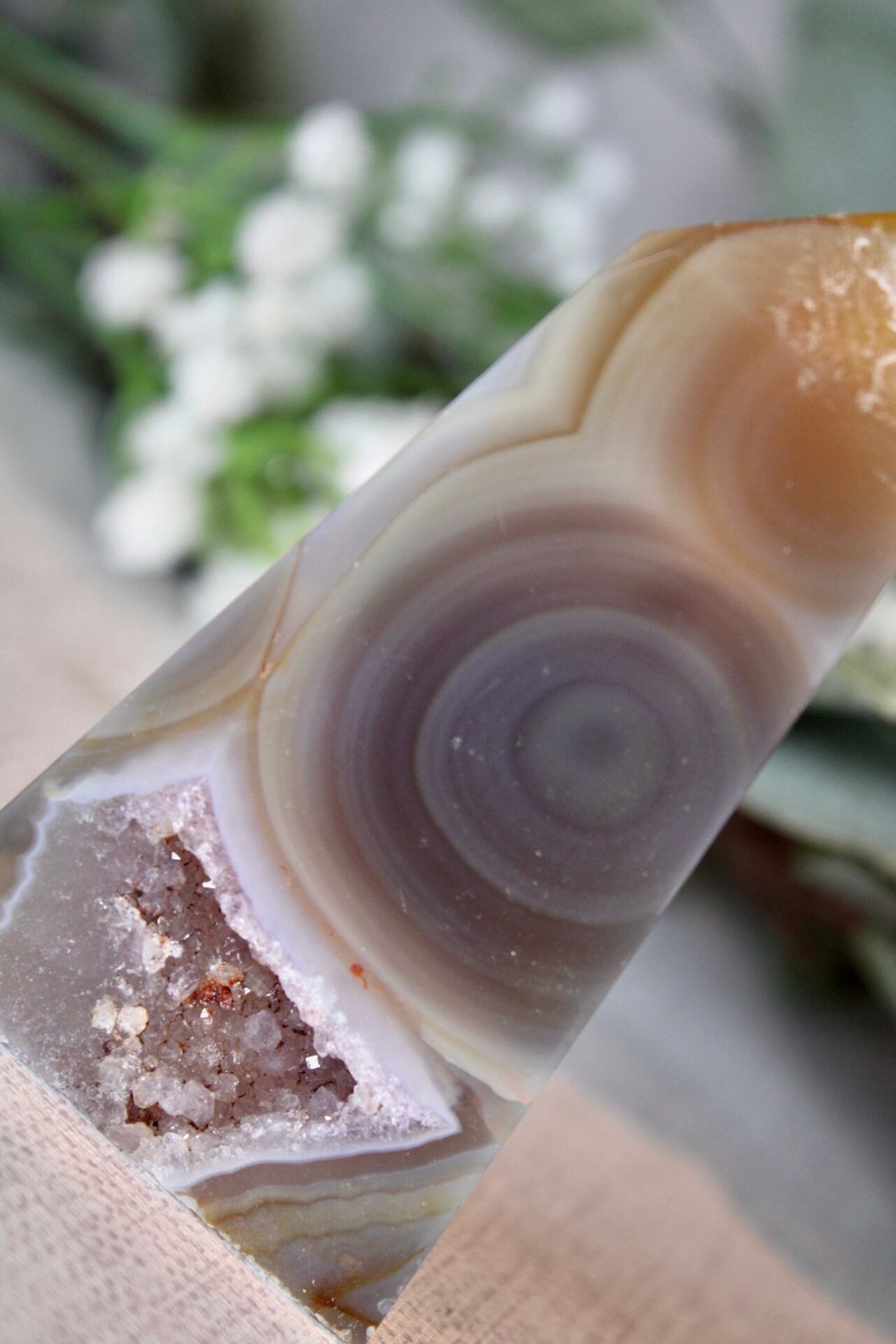 Natural agate tower slice with amethyst druzy