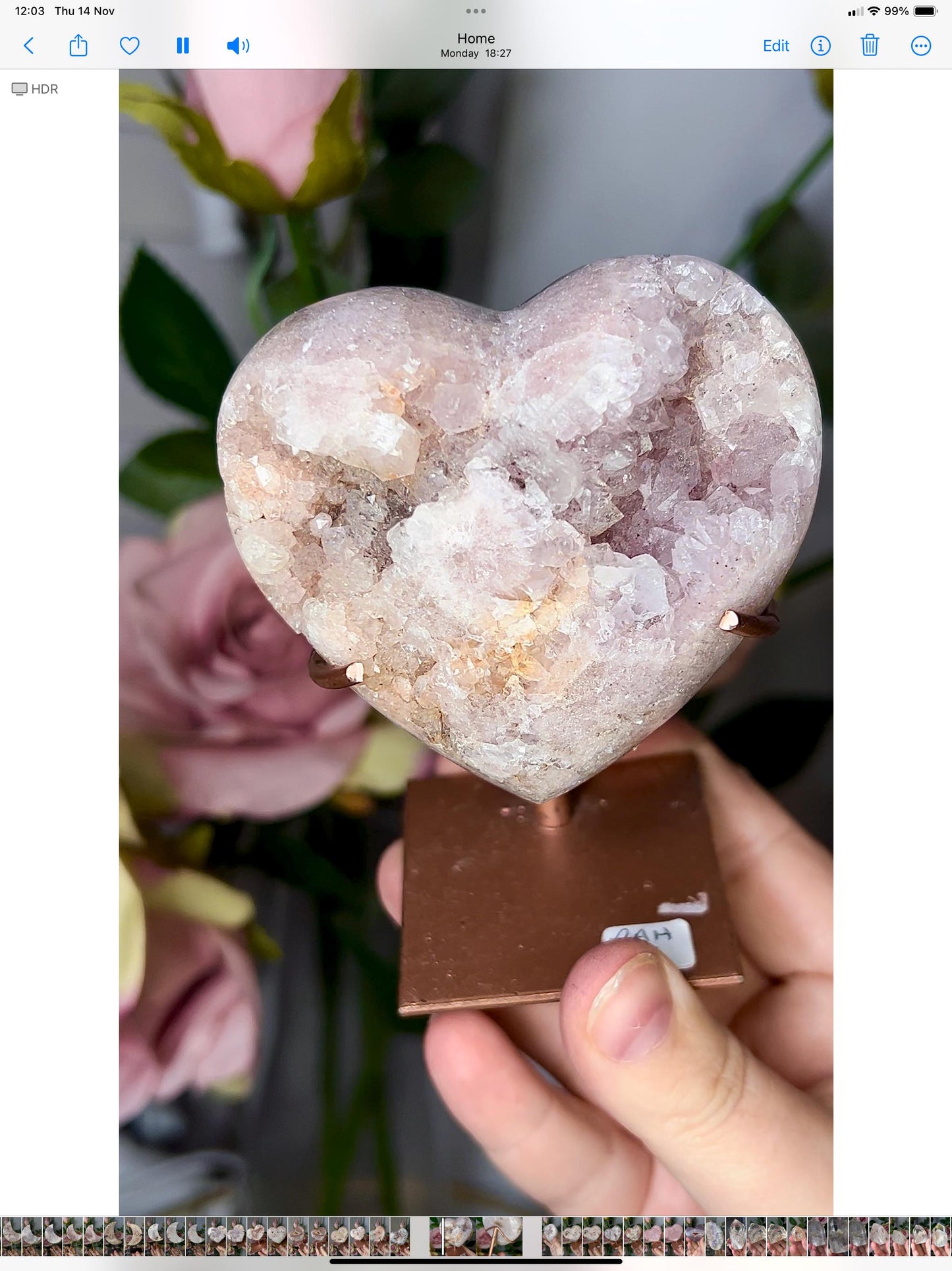 pink amethyst heart with quartz druzy comes with stand that is scratched (discount added)