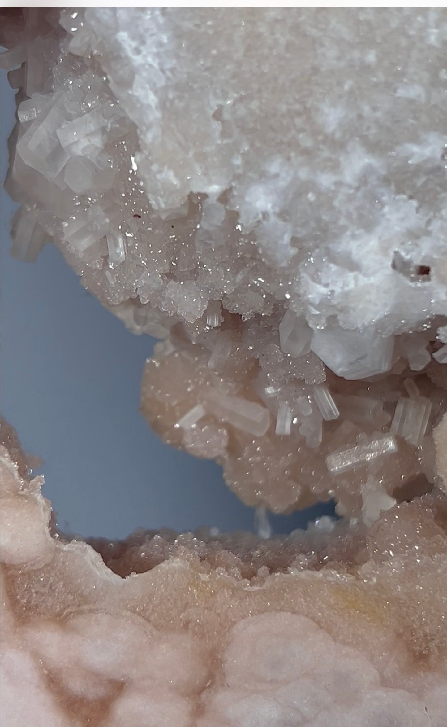 High grade, round pink amethyst slab with green jasper edging & rare cubic calcite inclusions