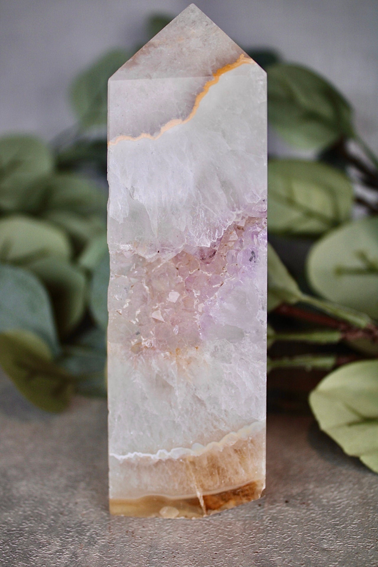 Pink amethyst agate, 4 sided tower with lavender Druze