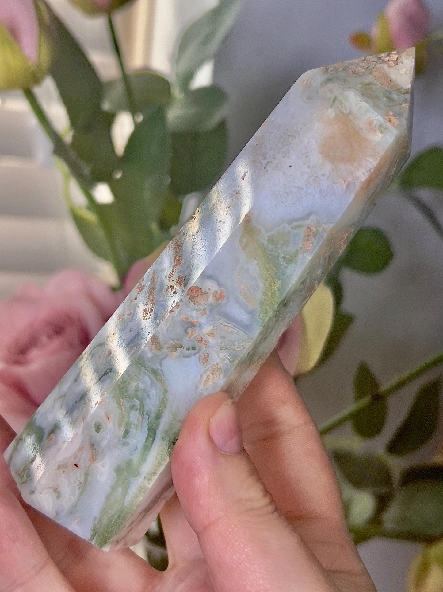 Large, moss agate & quartz tower 255g