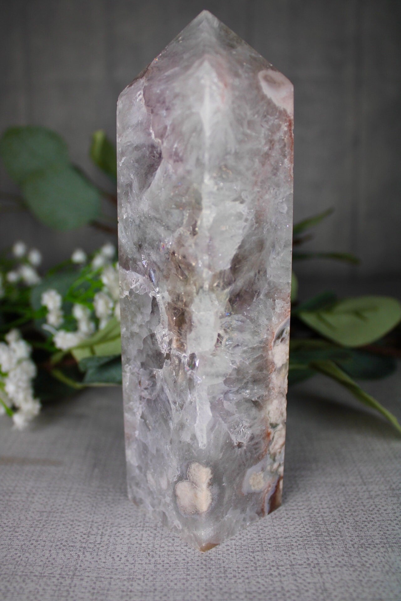 Green chlorite x flower agate tower 635g 16.5cm (H) 4.5cm (W)