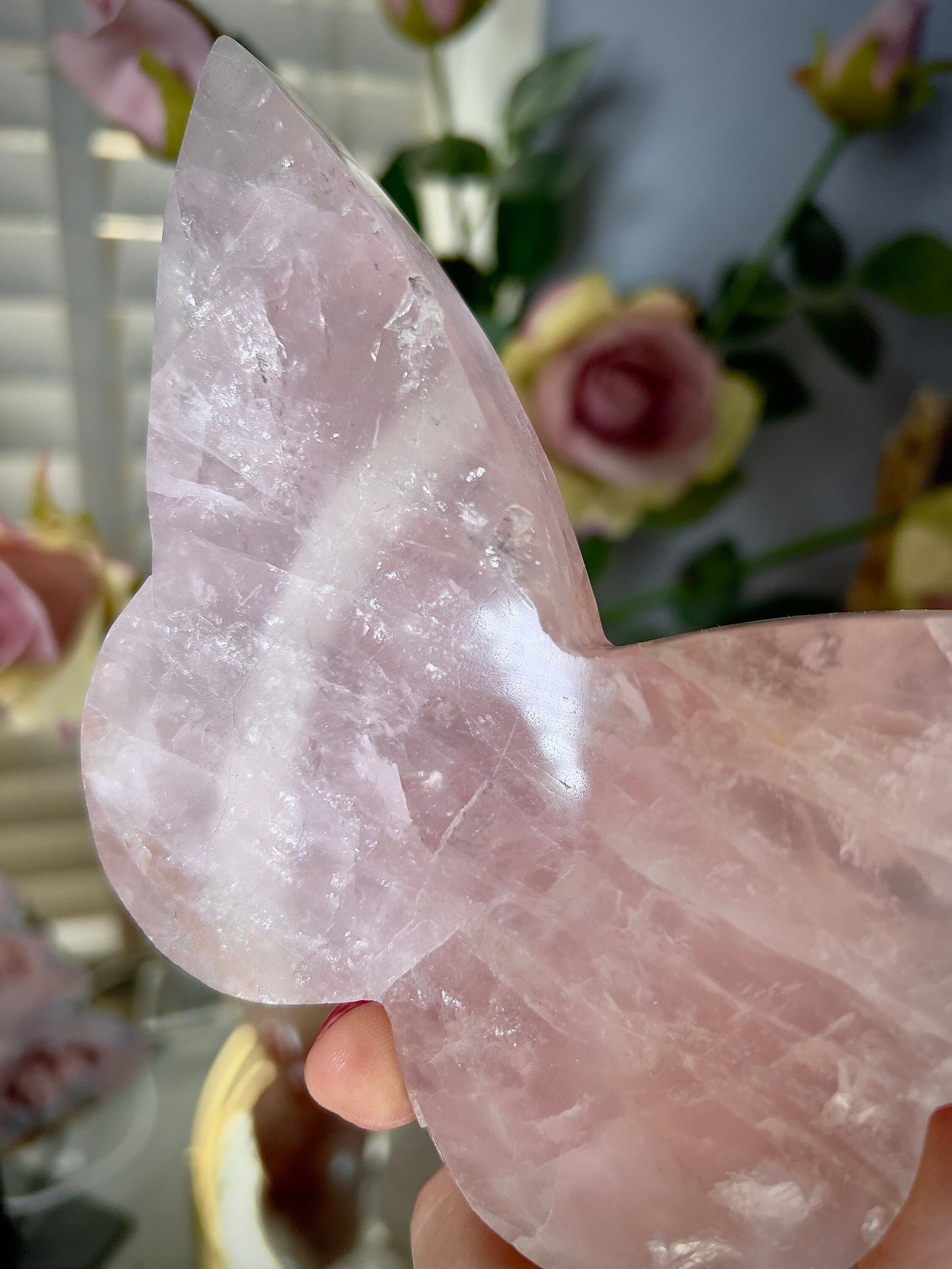 High grade, rose quartz butterfly with gold pedestal stand