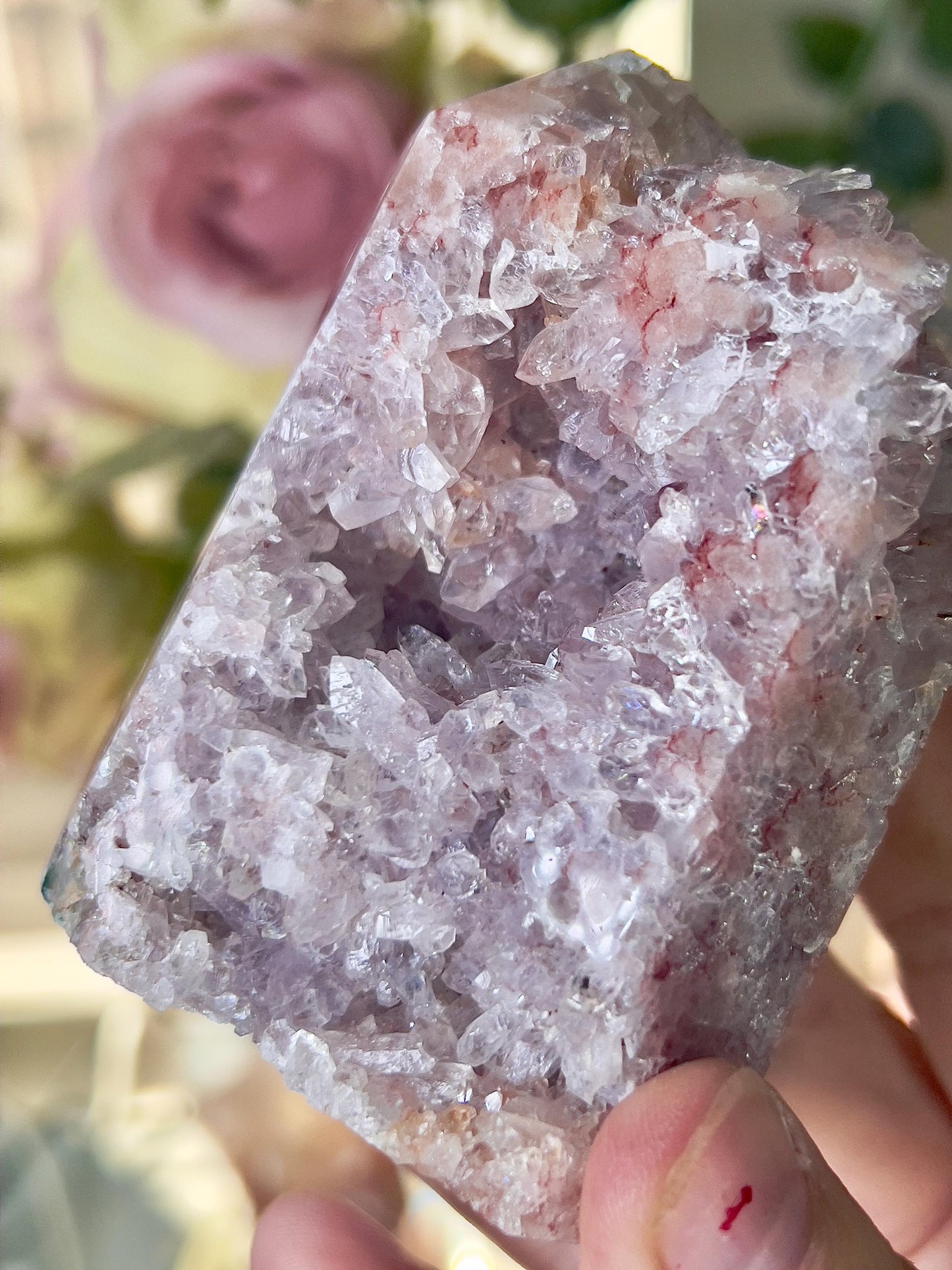 High grade, pink amethyst tower with high grade quartz druzy 370g