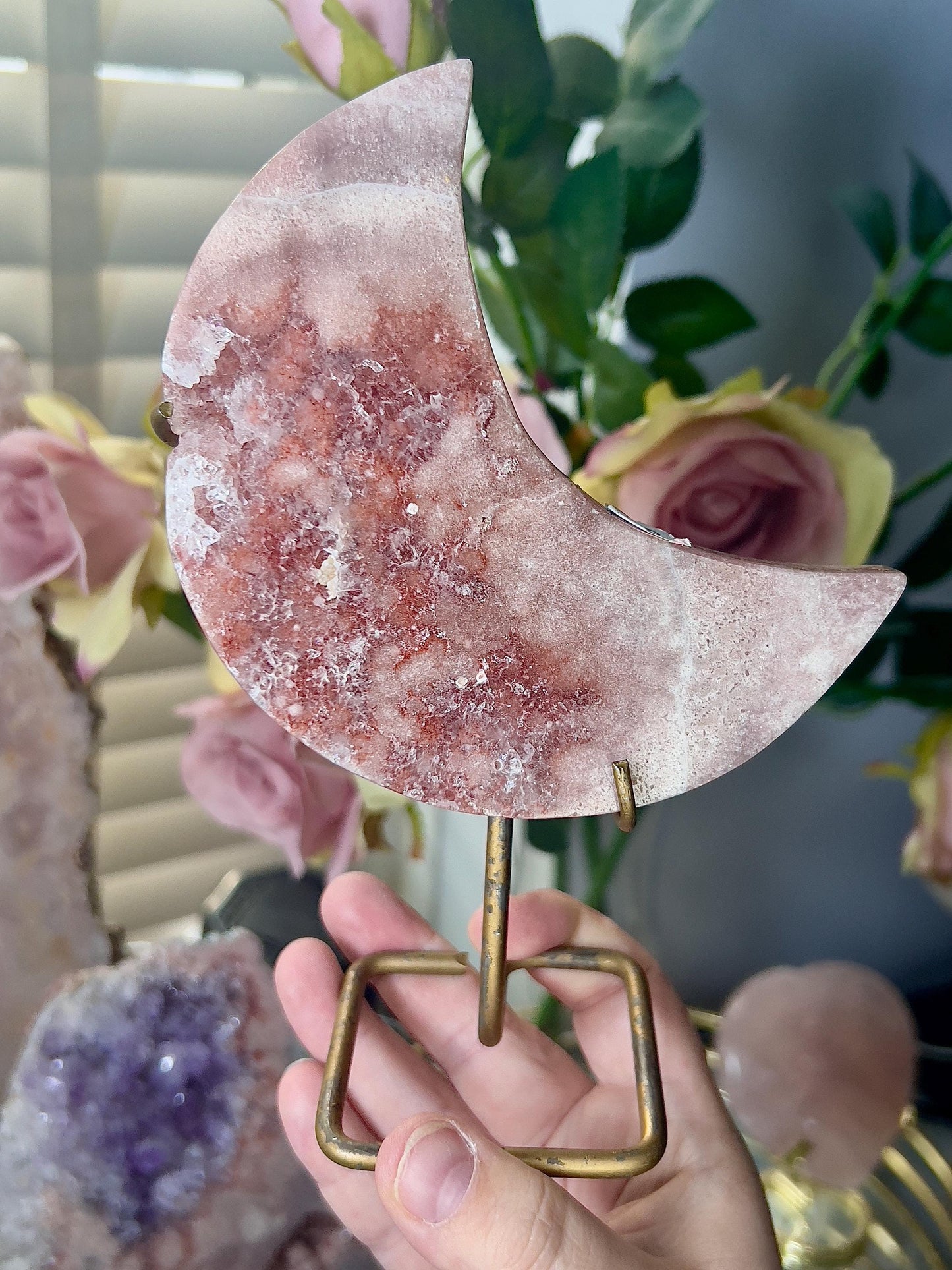 High grade, pink amethyst moon with red hematite, quartz druzy - stand is slightly scratched (see photos)