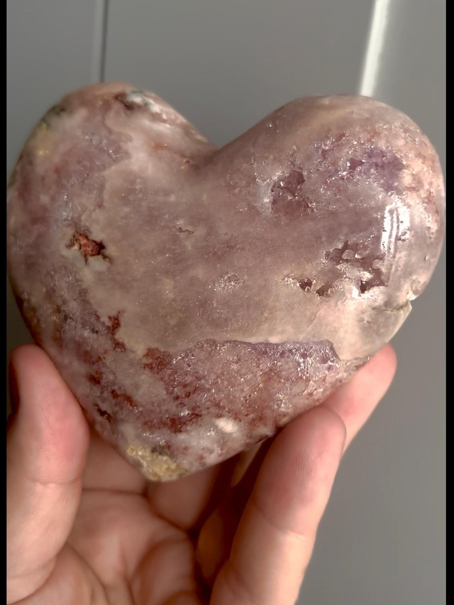 Perfect pink, polished, pink amethyst heart with jasper