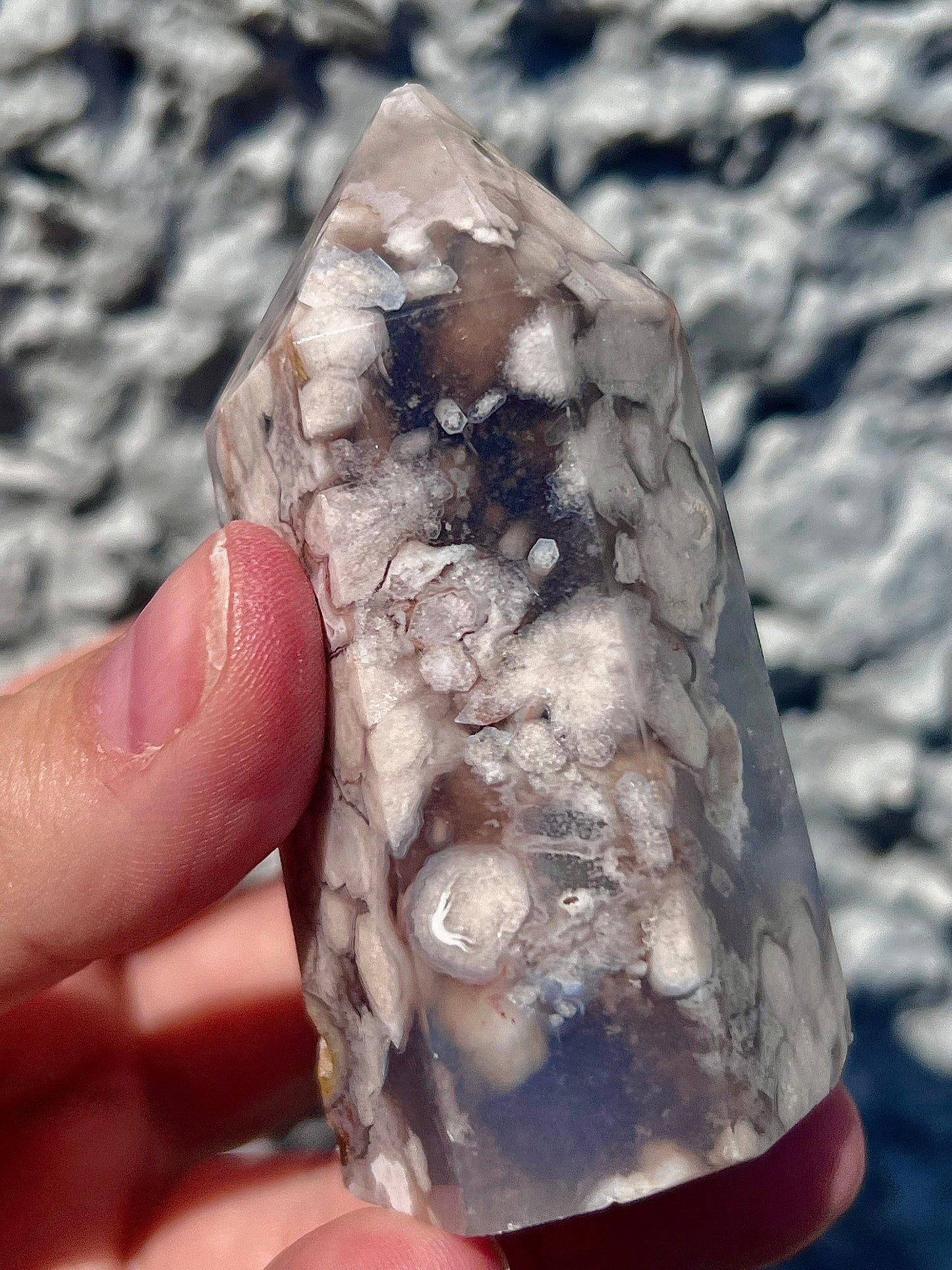 Black & pink flower agate tower - half price due to damaged tip