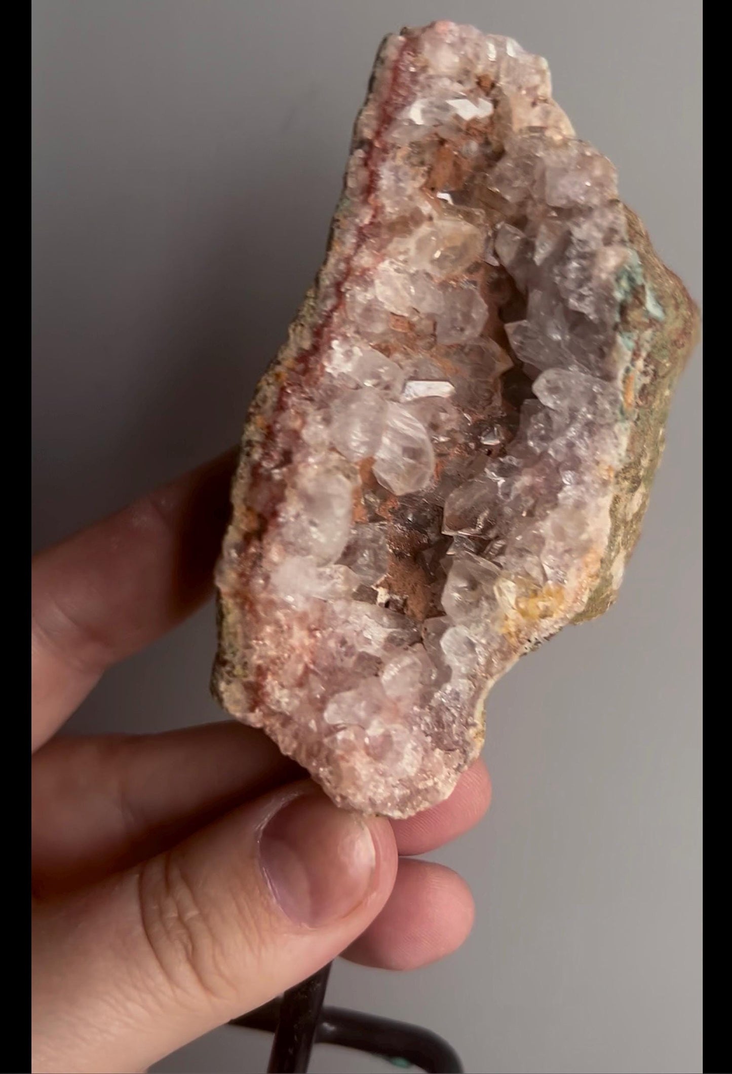 High grade, pink amethyst geode on stand quartz teeth