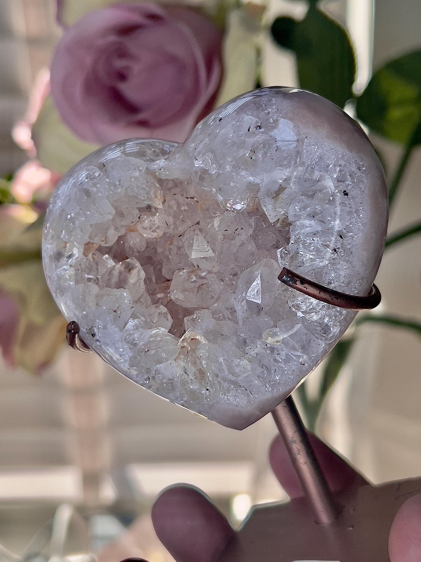 Pink amethyst & quartz heart on custom stand - which has scratches (discount added) can easily be repainted