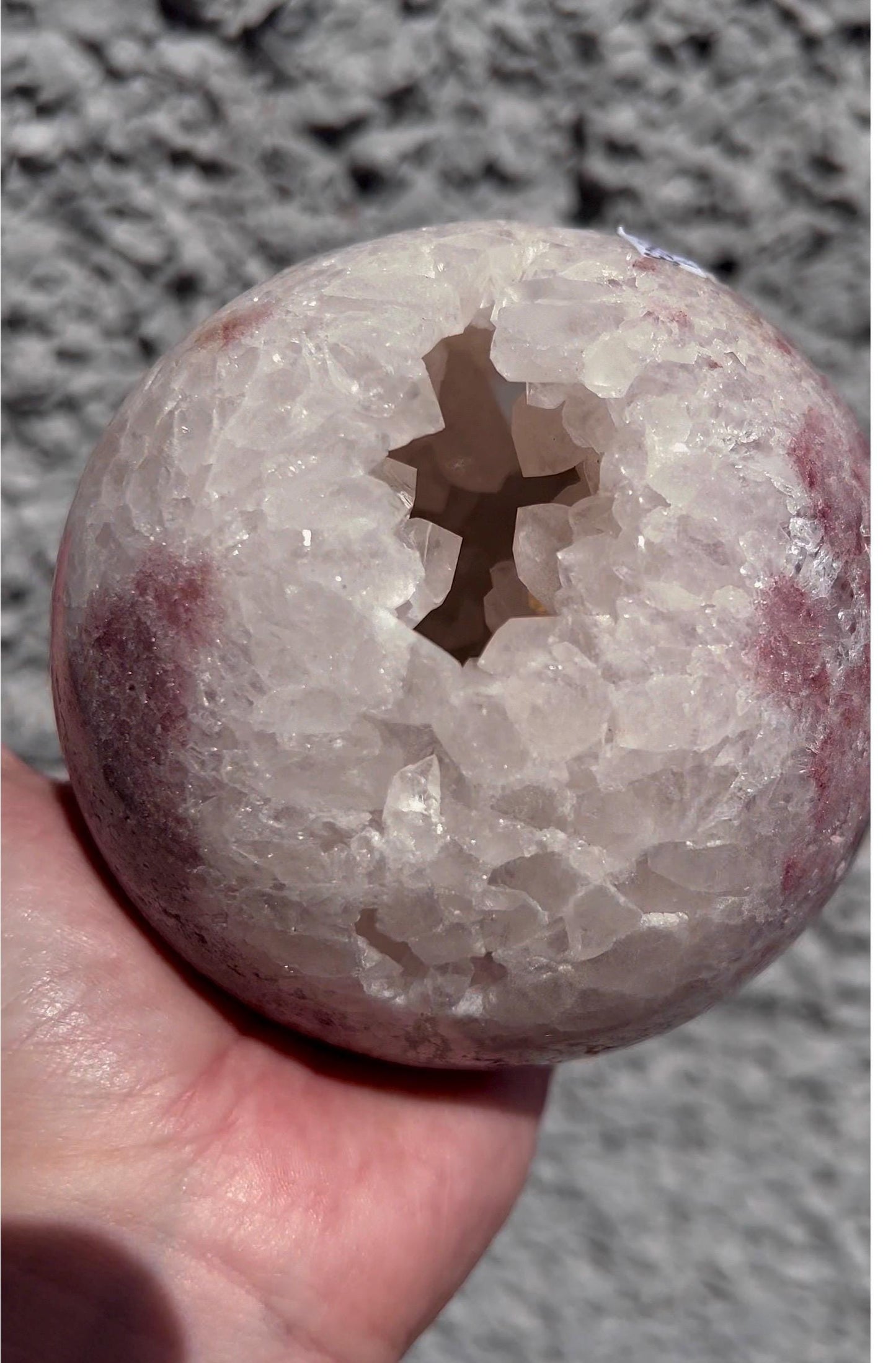 large, statement, pink amethyst sphere, with big, chunky, quartz teeth, cave 1.342kg