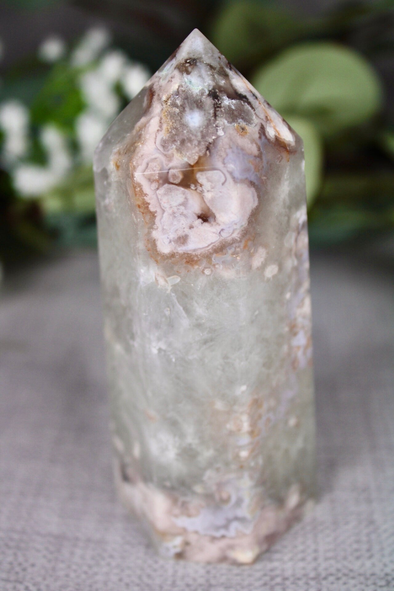 Green chlorite, flower agate, 6 side, polished tower 295g 11cm (H) 4.5cm (W)