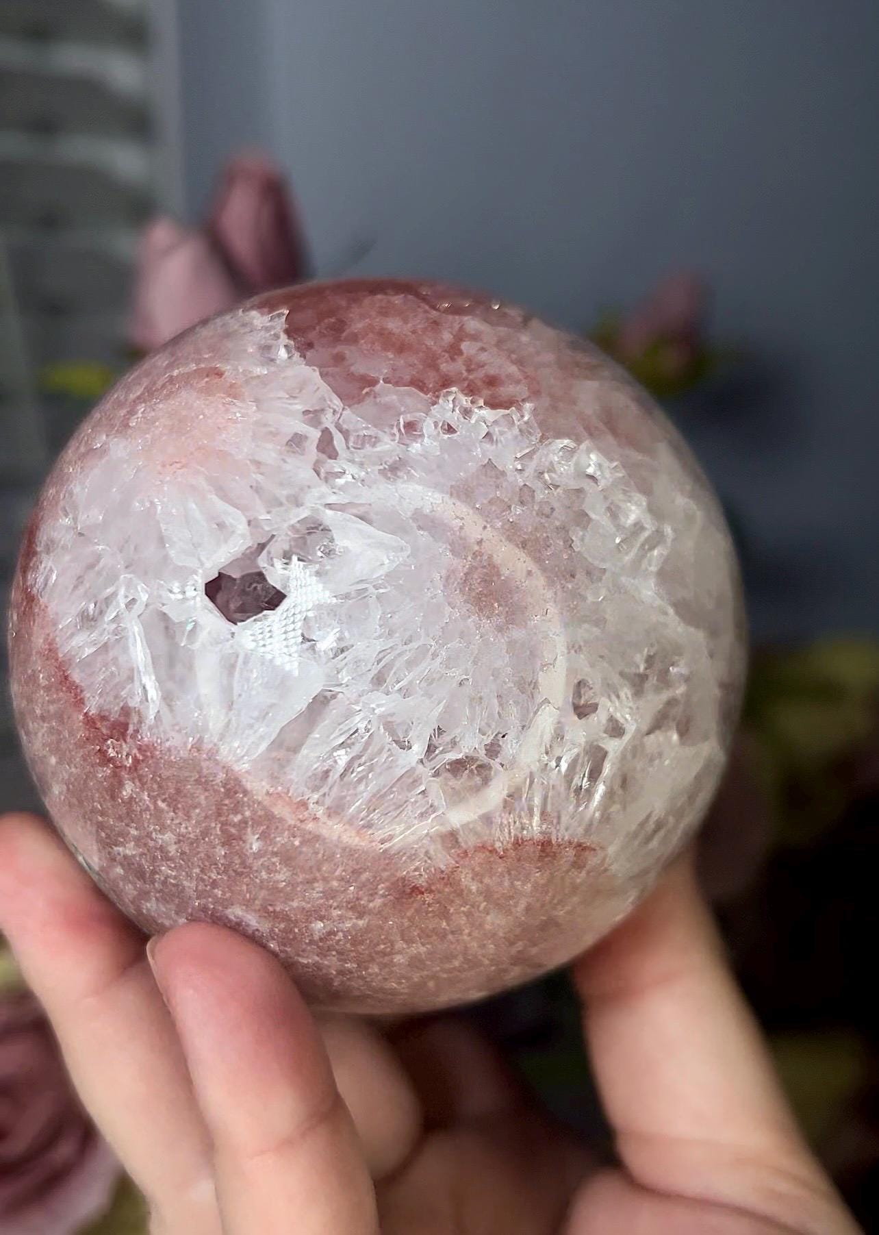 High grade, pink amethyst sphere with quartz and flower formations 928g