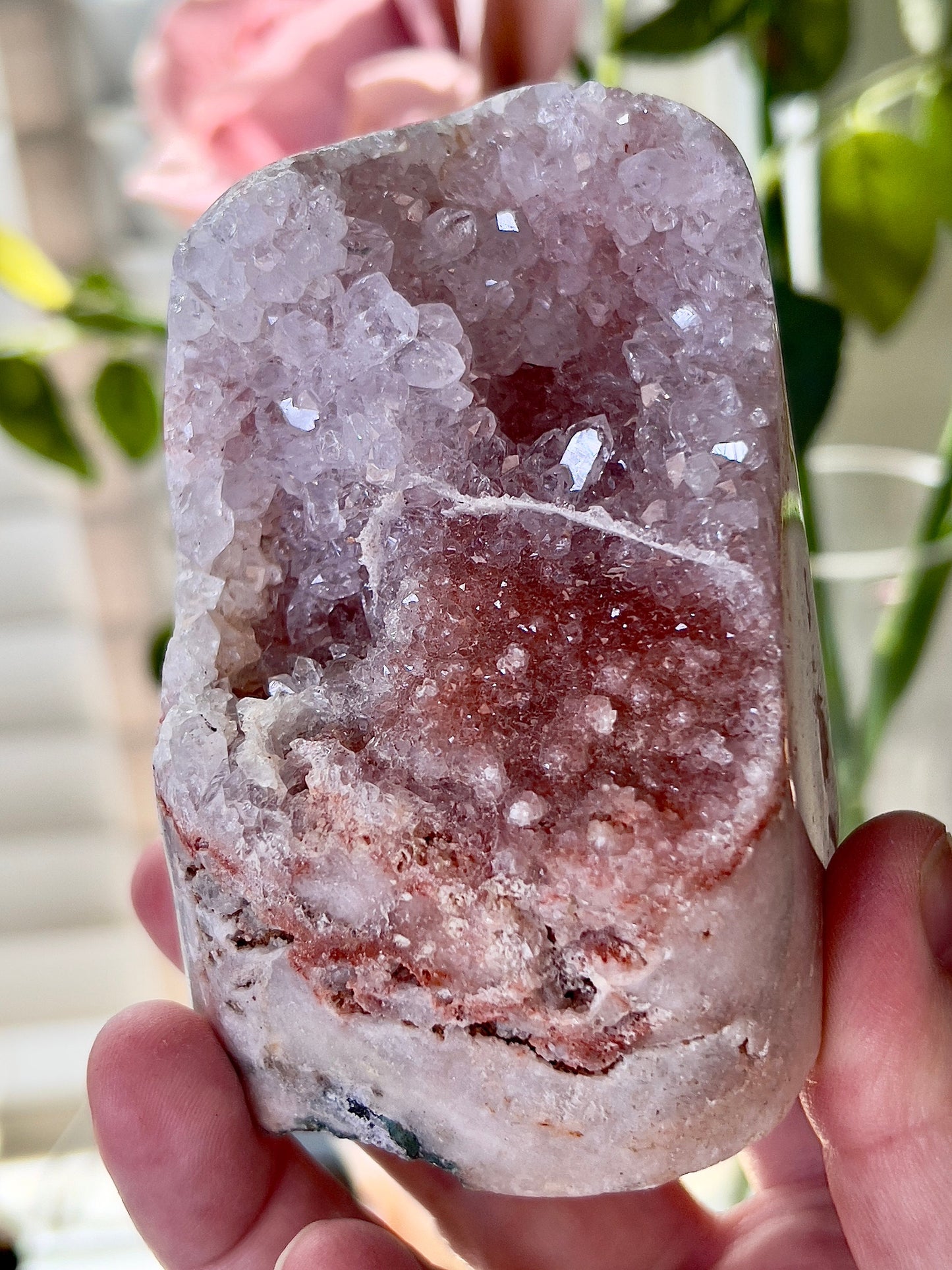 high grade, pink amethyst Freeform with high clarity quartz & red sugar druzy