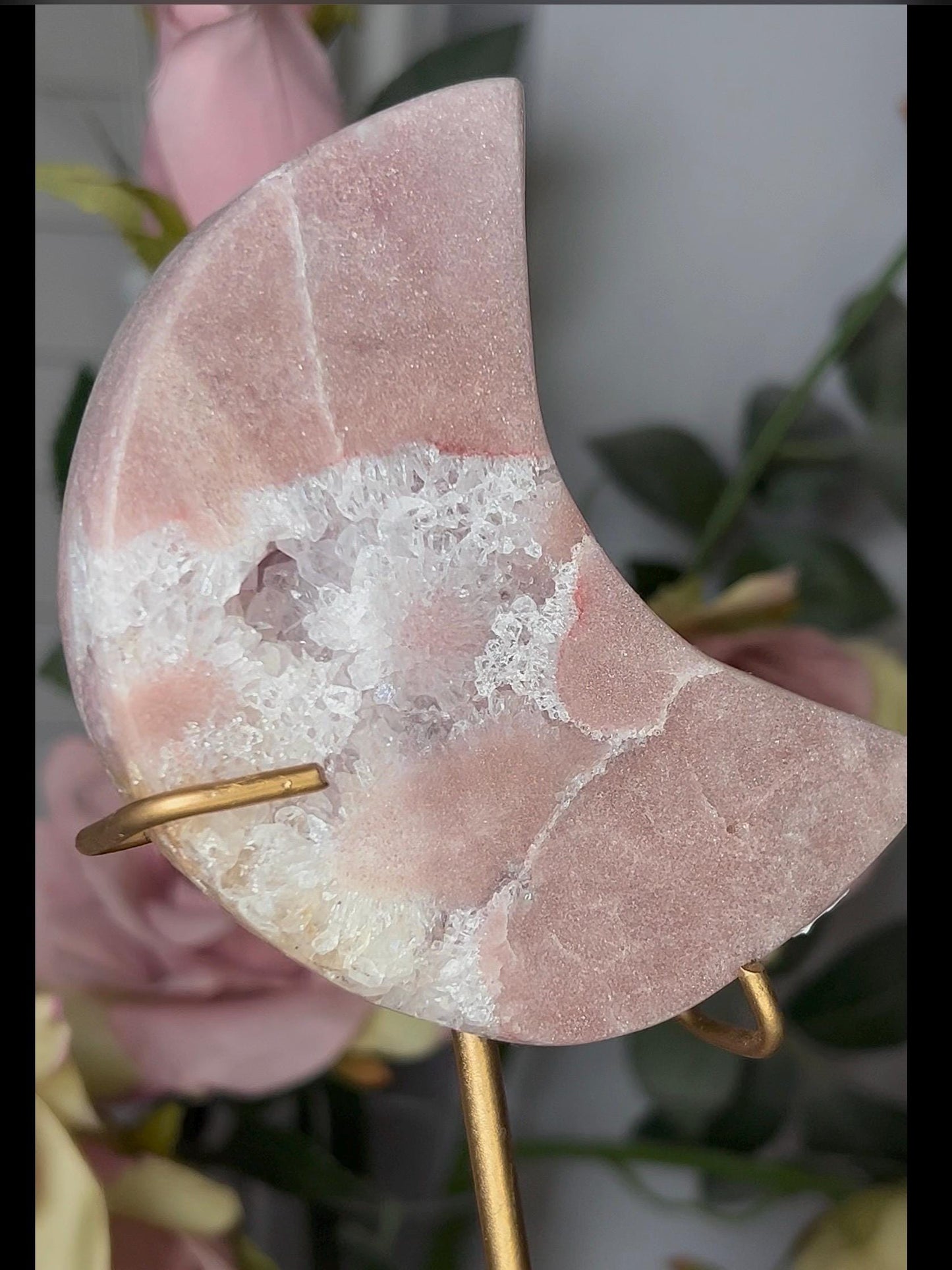 High grade, pink amethyst moon with quartz flowers and red hematite lining