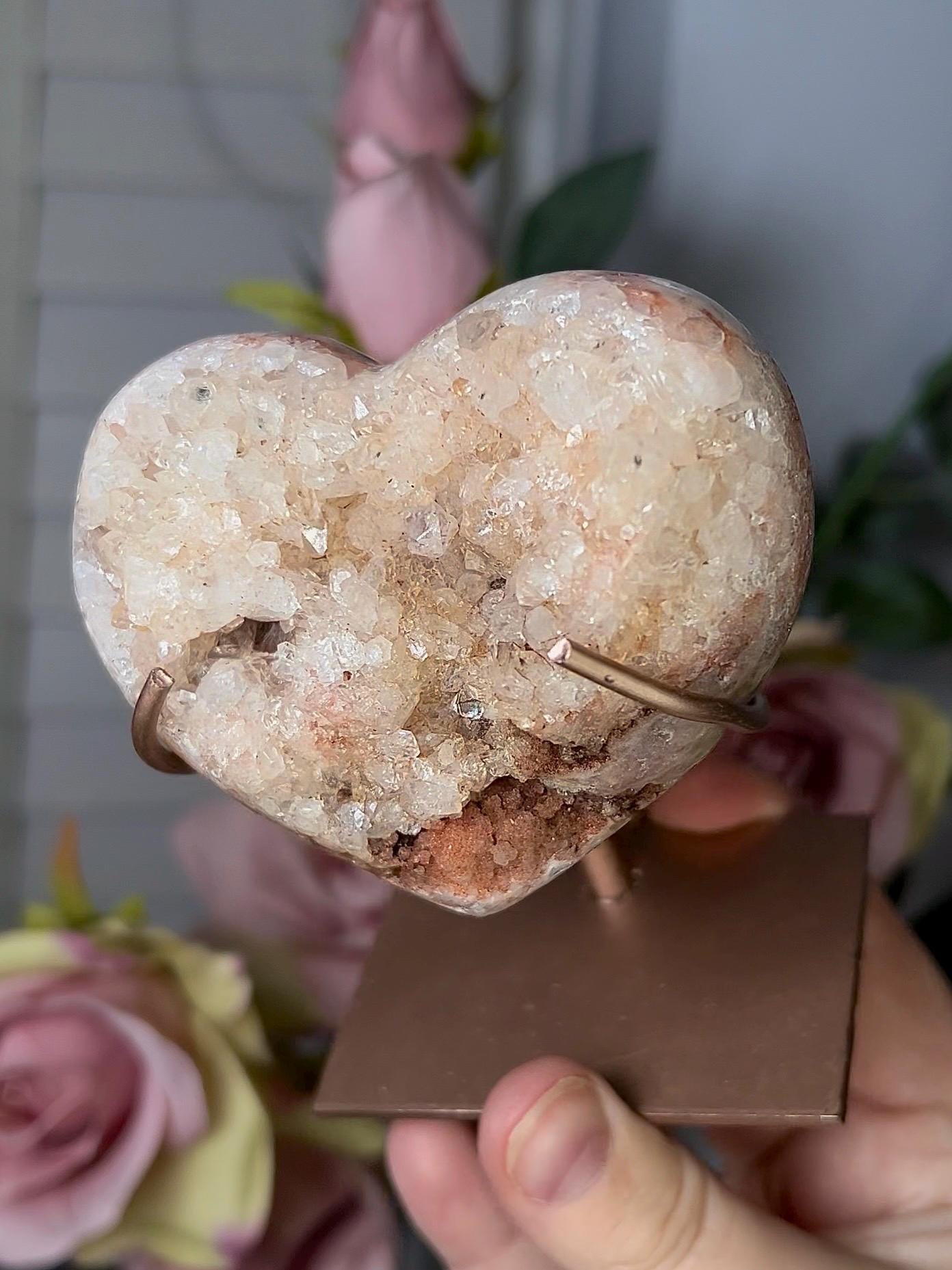 Pink amethyst heart with a high clarity quartz with stand