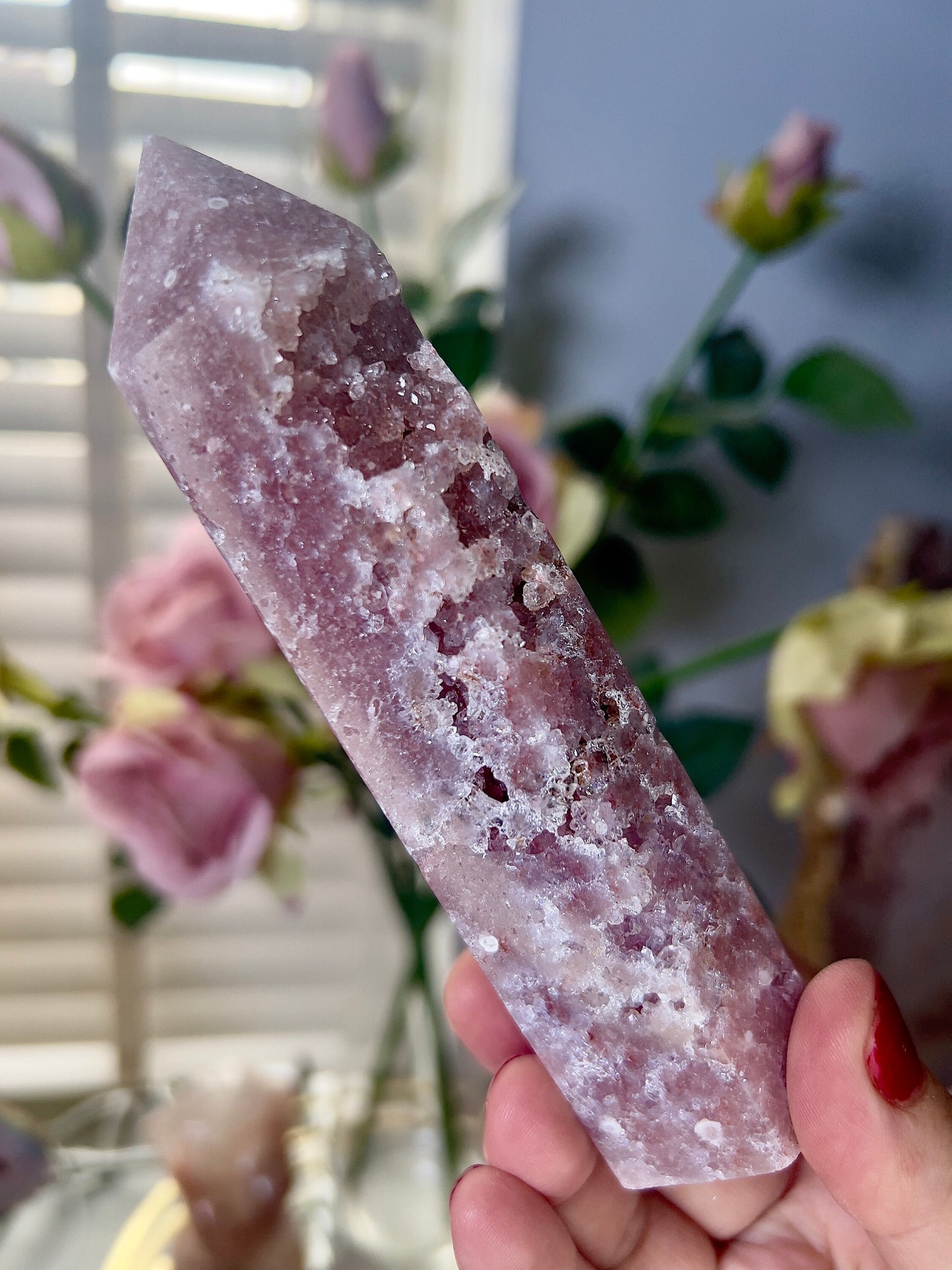 High grade, berry red pink amethyst tower 14cm 315g